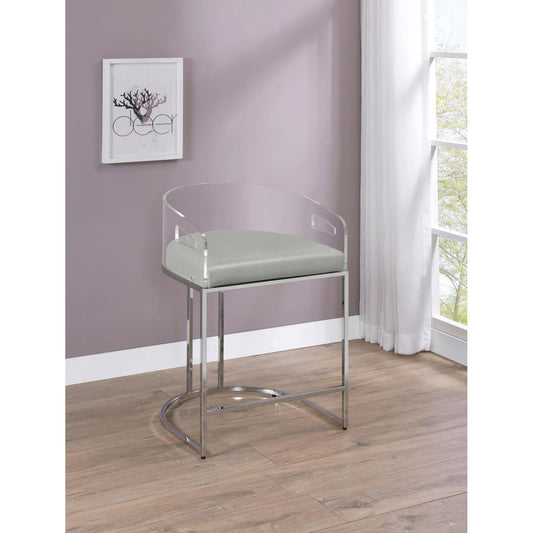 Modern clear acrylic bar stool with a sleek chrome base and grey upholstered seat