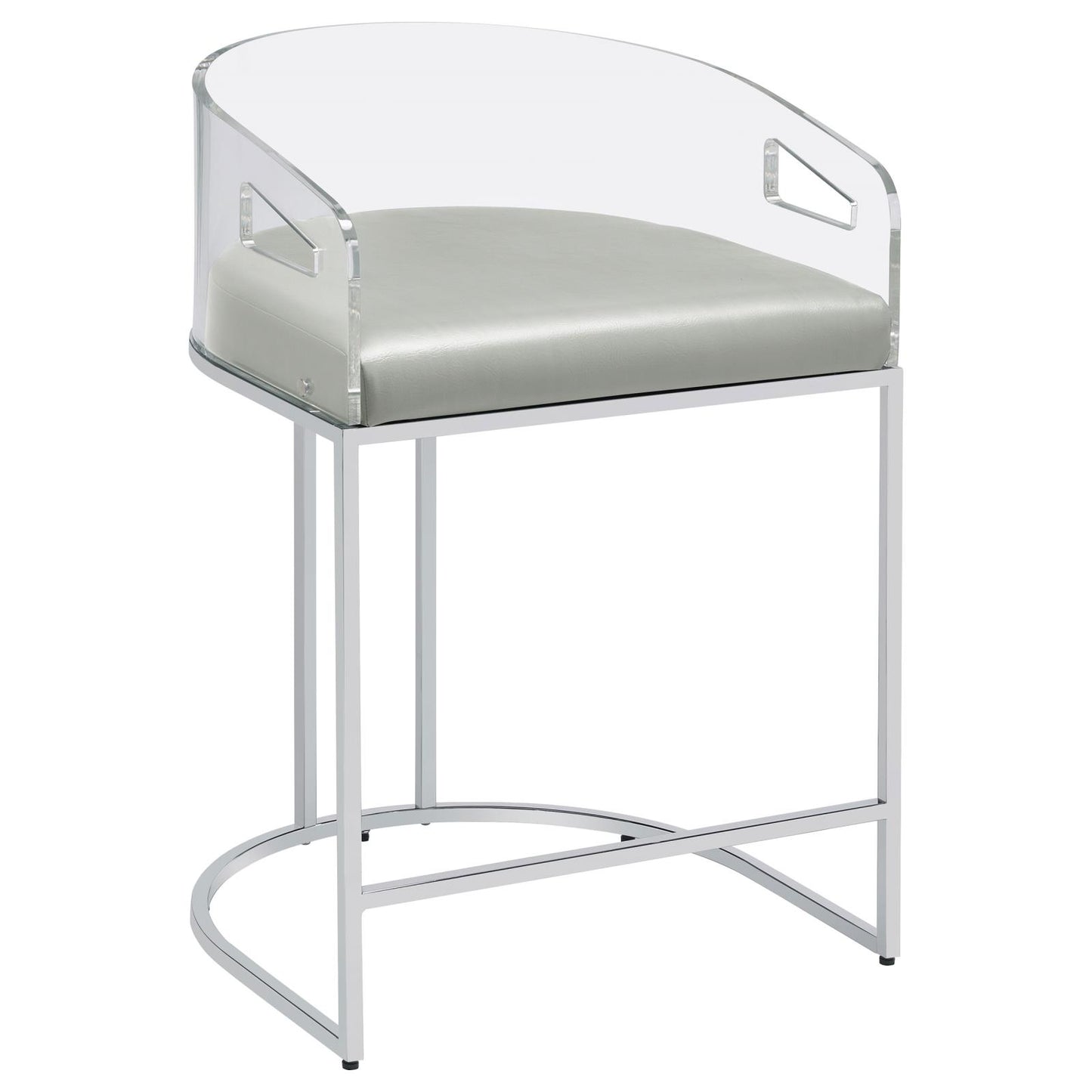 Clear acrylic counter stool with silver faux leather seat and chrome base
