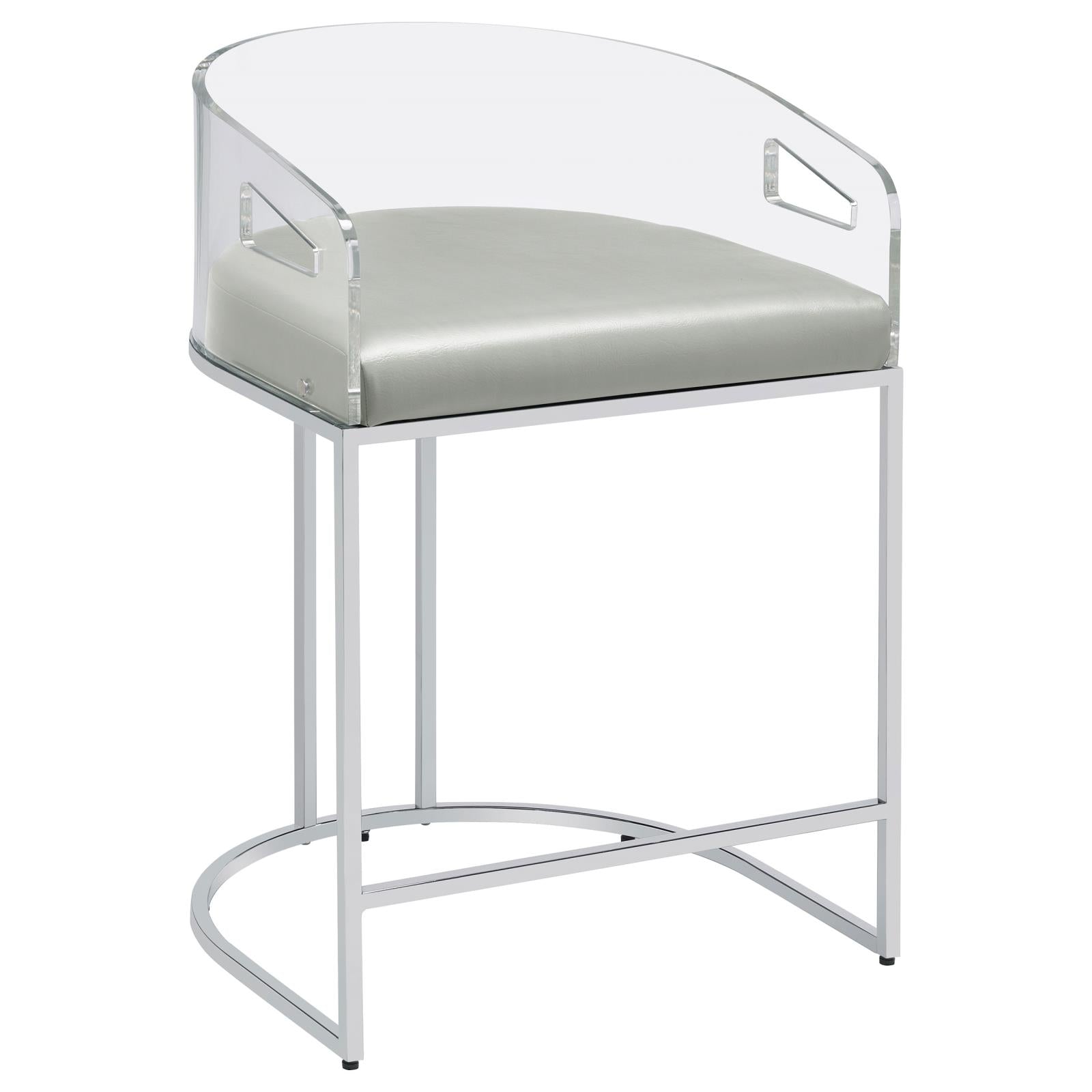 Clear acrylic counter stool with silver faux leather seat and chrome base