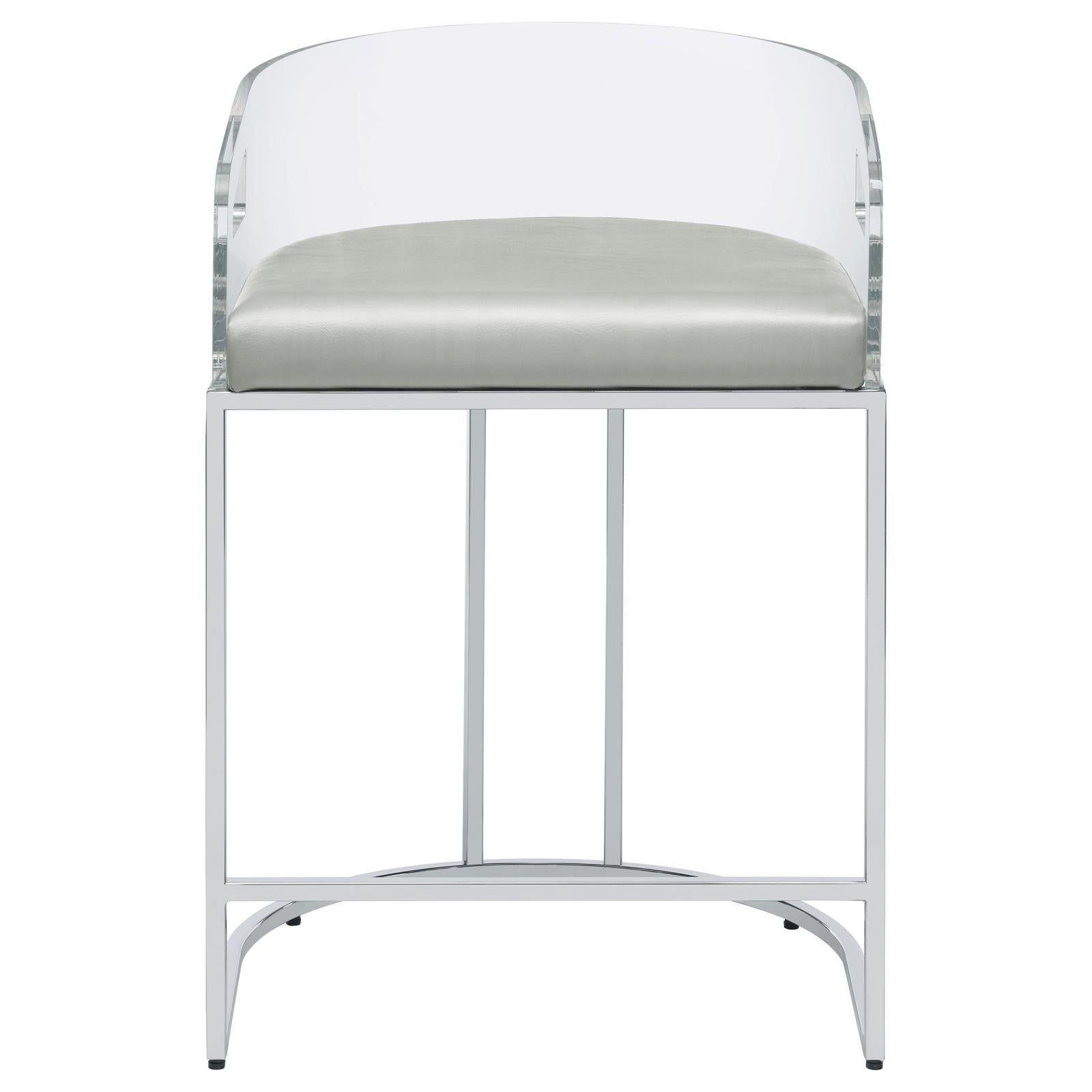 Modern acrylic bar stool with silver faux leather seat and chrome legs