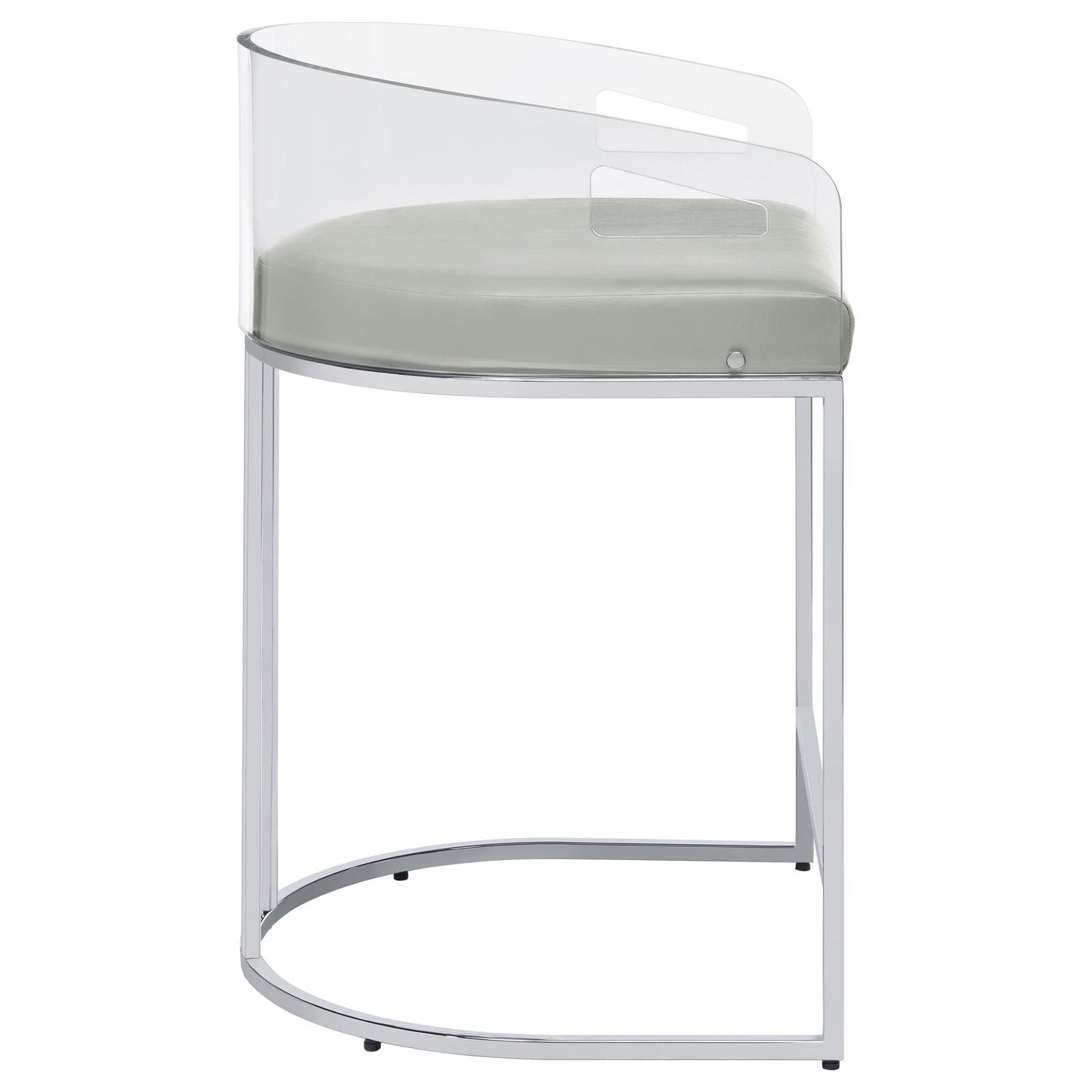 Modern acrylic bar stool with light gray faux leather seat and polished chrome frame