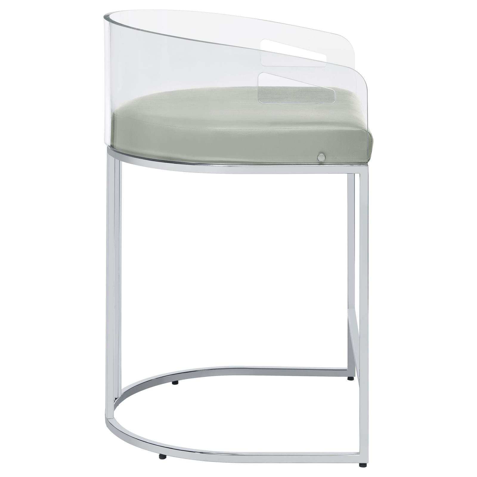Modern acrylic bar stool with light gray faux leather seat and polished chrome frame