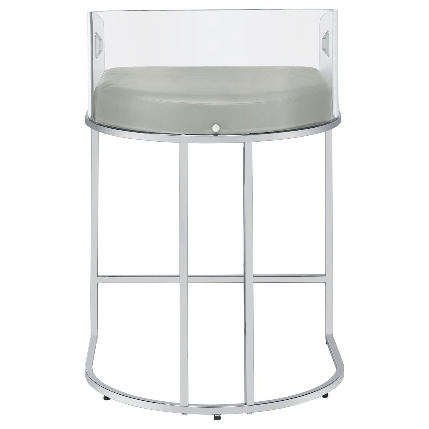 Clear acrylic bar stool with grey cushioned seat and chrome base