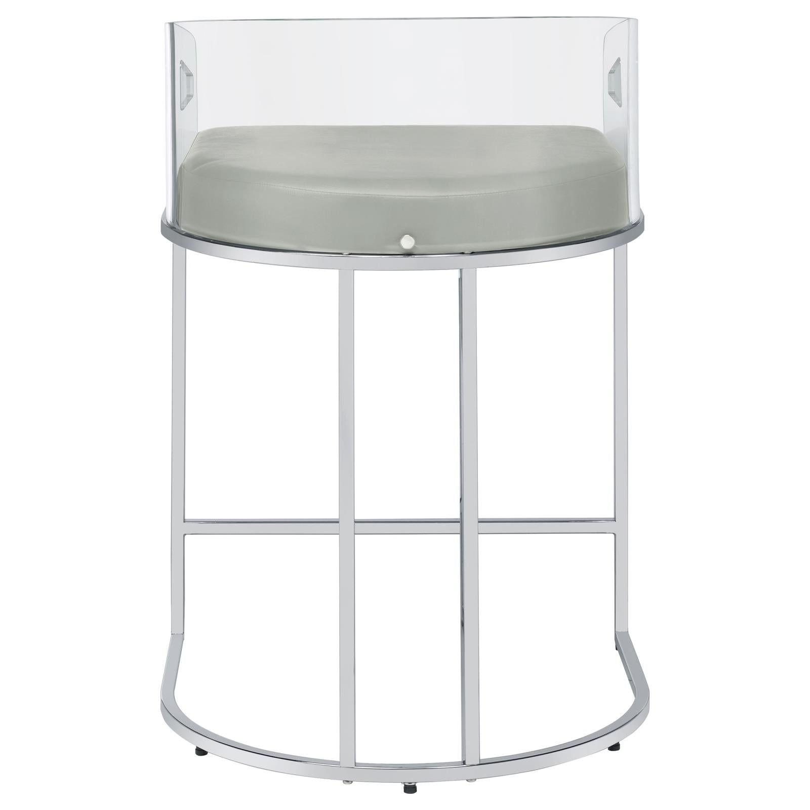 Clear acrylic bar stool with grey cushioned seat and chrome base