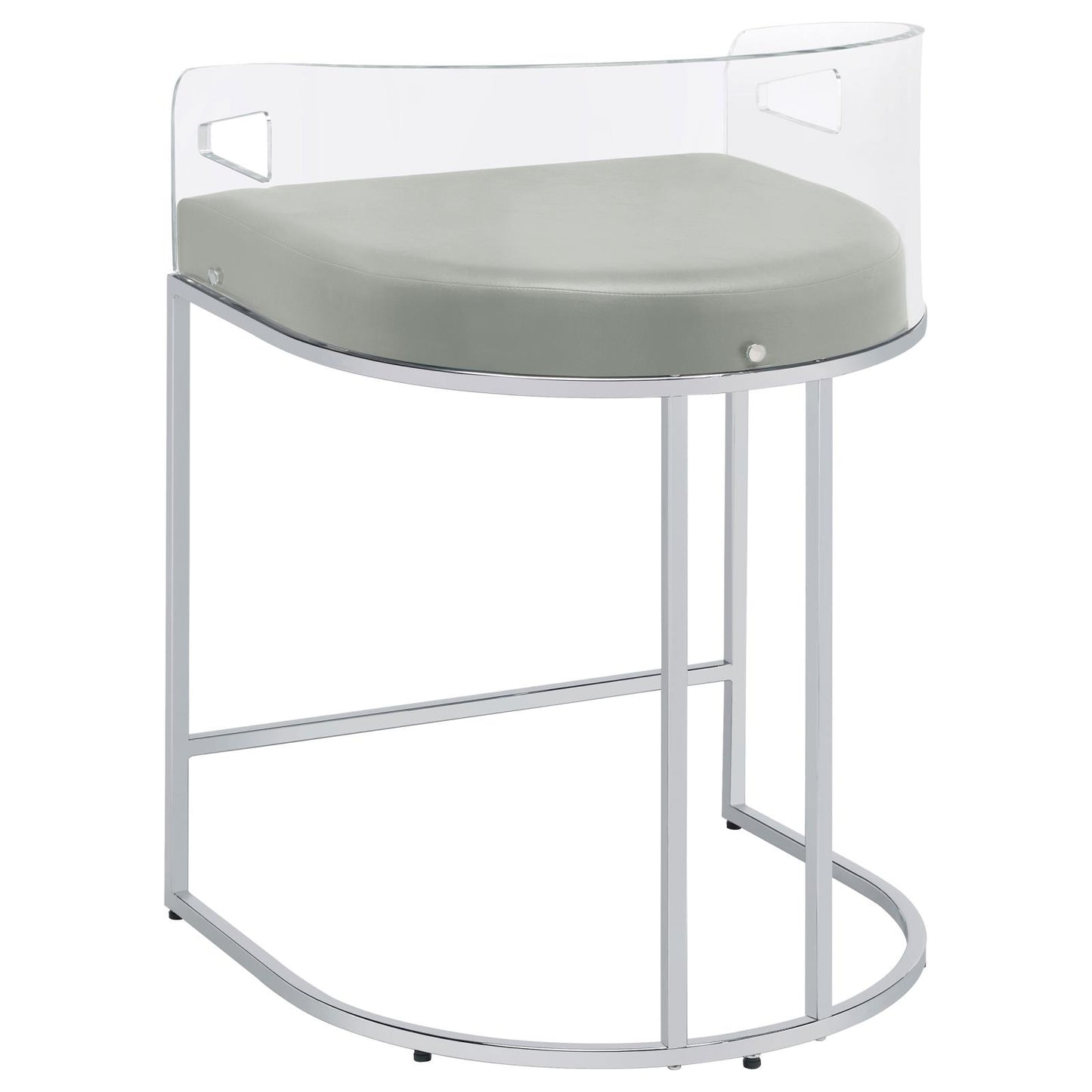 Modern clear acrylic bar stool with pale grey cushion and chrome legs