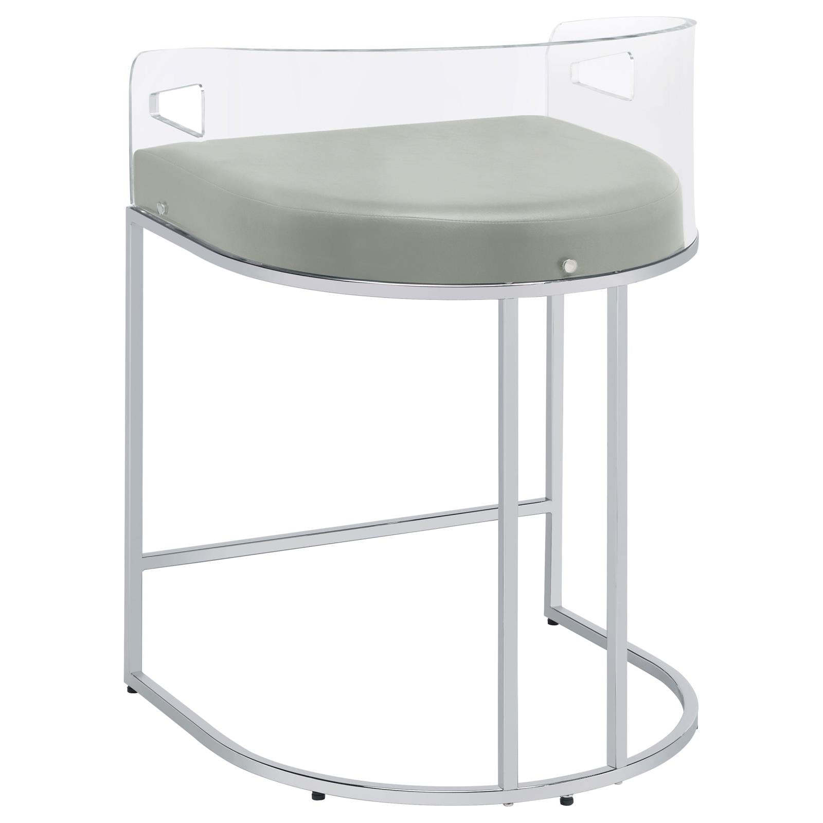 Modern clear acrylic bar stool with pale grey cushion and chrome legs