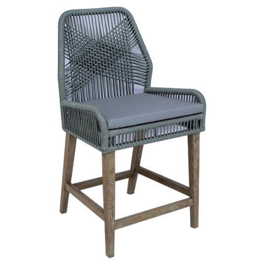 Gray woven counter stool with comfortable cushion and weathered wood legs