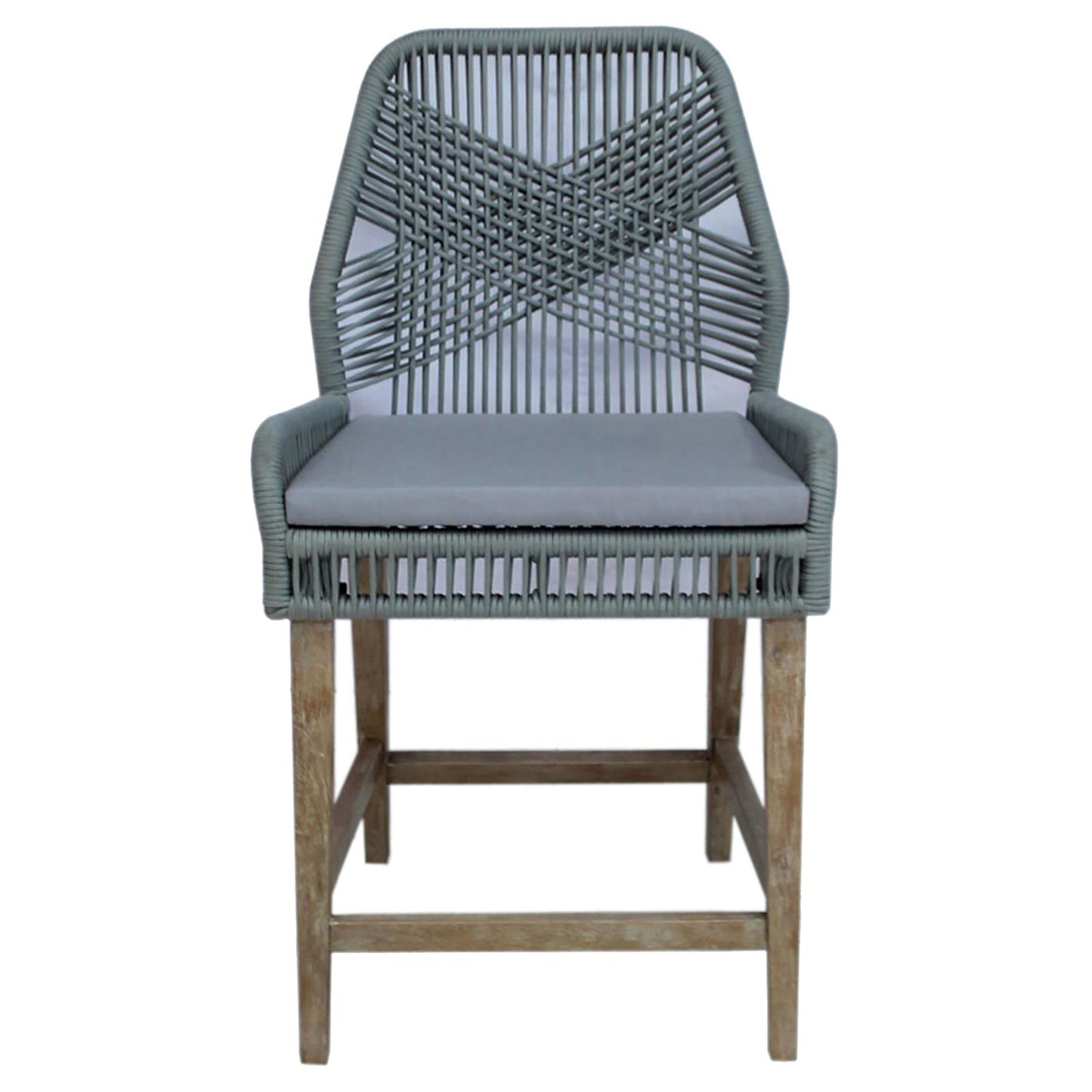 Sage green woven bar stool with gray cushion and distressed wood legs