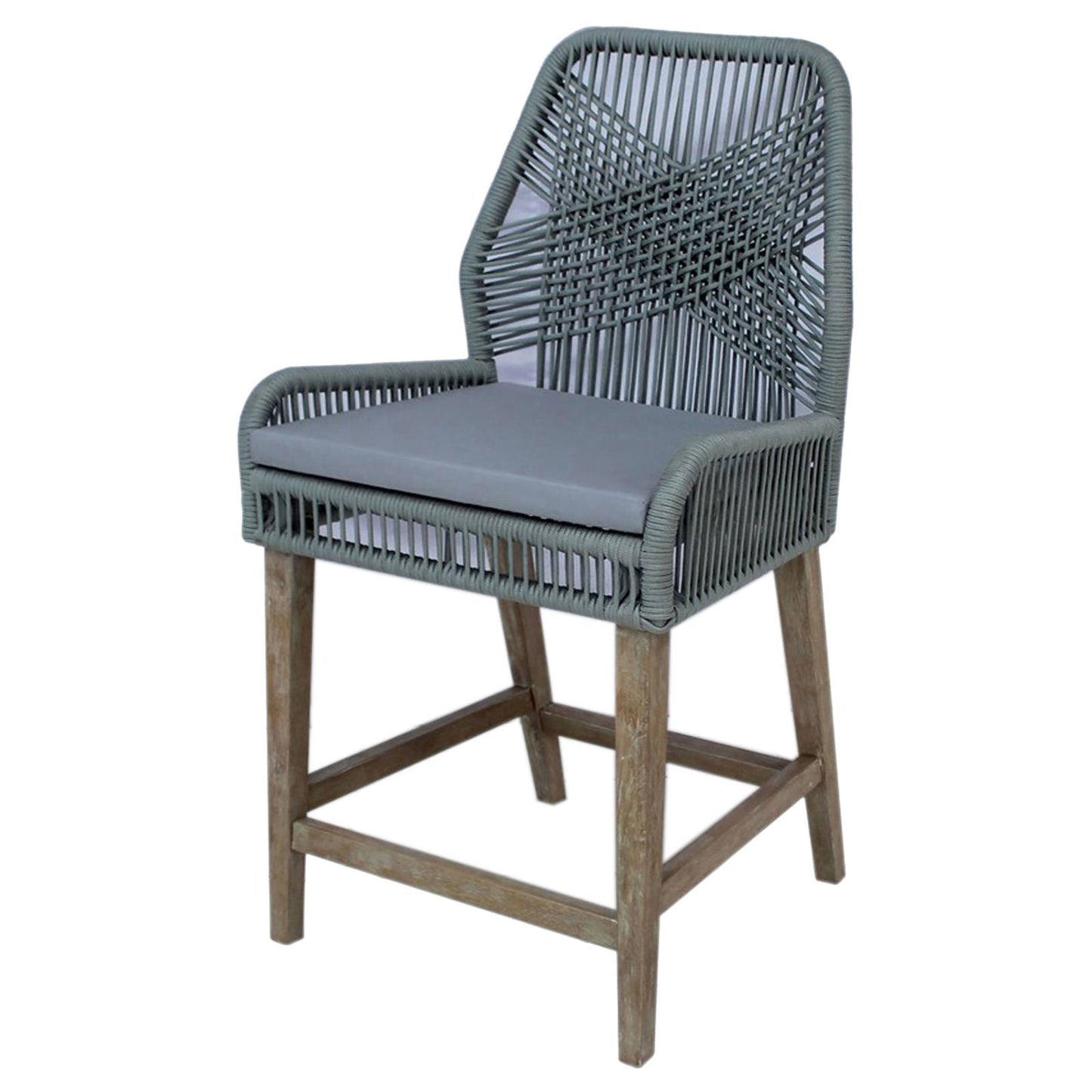 Grey rope bar stool with cushioned seat and wooden legs