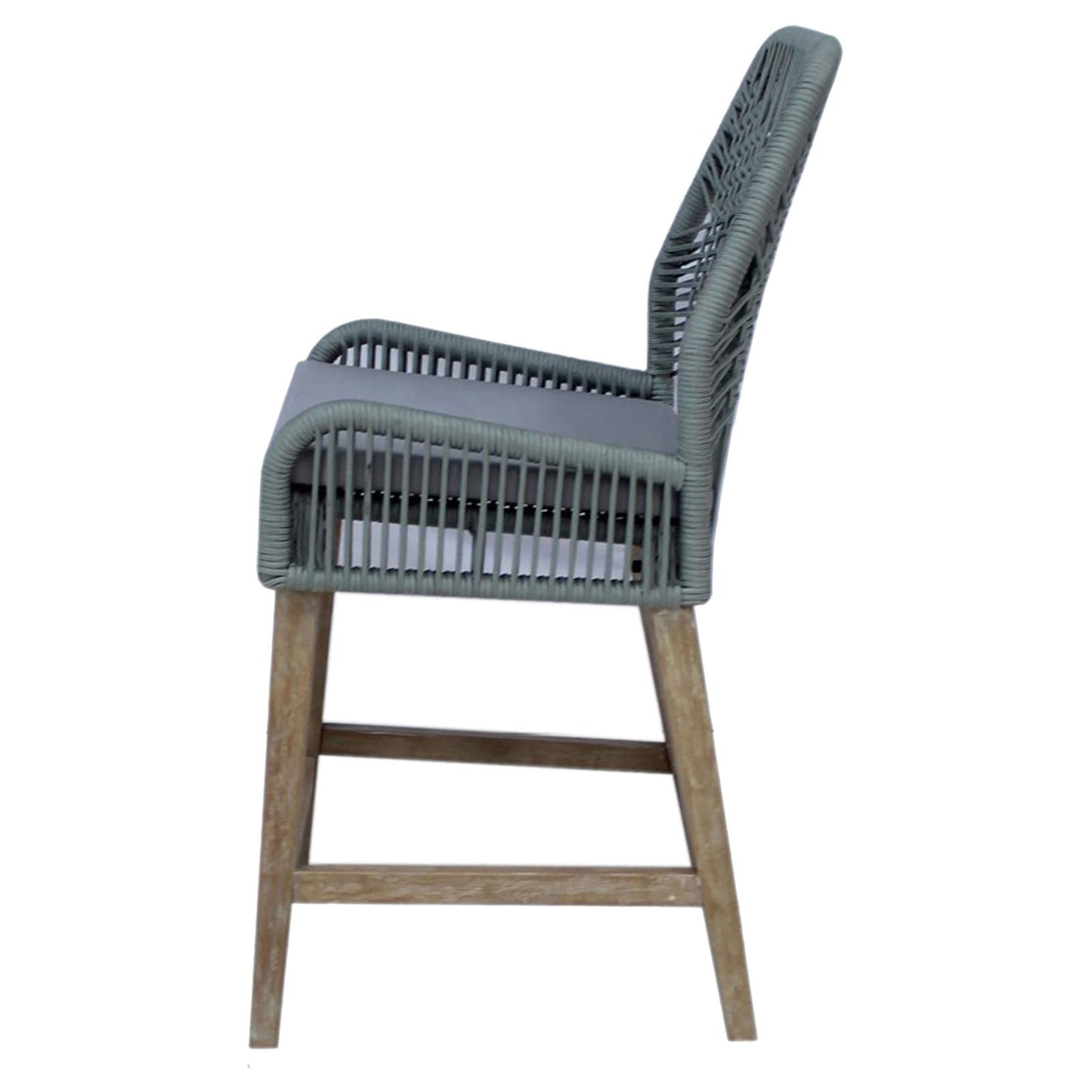 Gray rope woven counter stool with natural wood legs and gray cushion