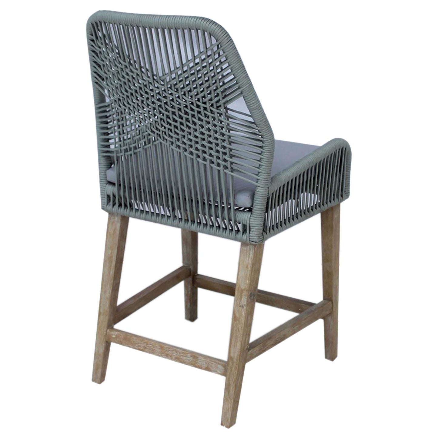 Gray woven outdoor bar stool with cushioned seat and natural wood legs