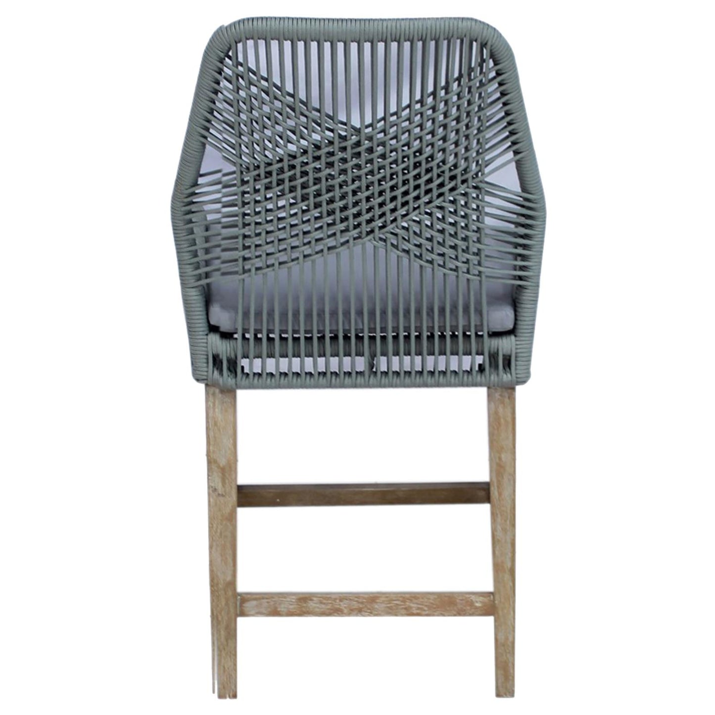 Grey woven back bar stool with wooden legs and grey cushion