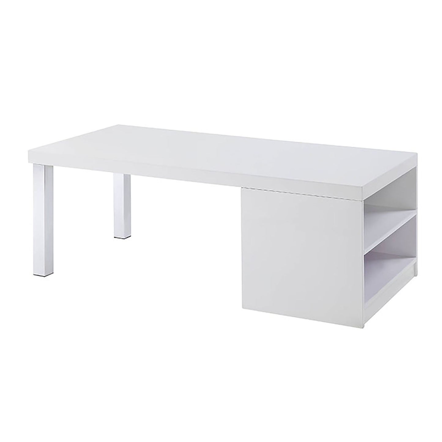 White modern desk with open shelving and metal legs