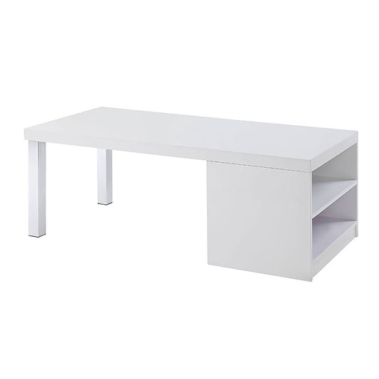White modern desk with open shelving and metal legs
