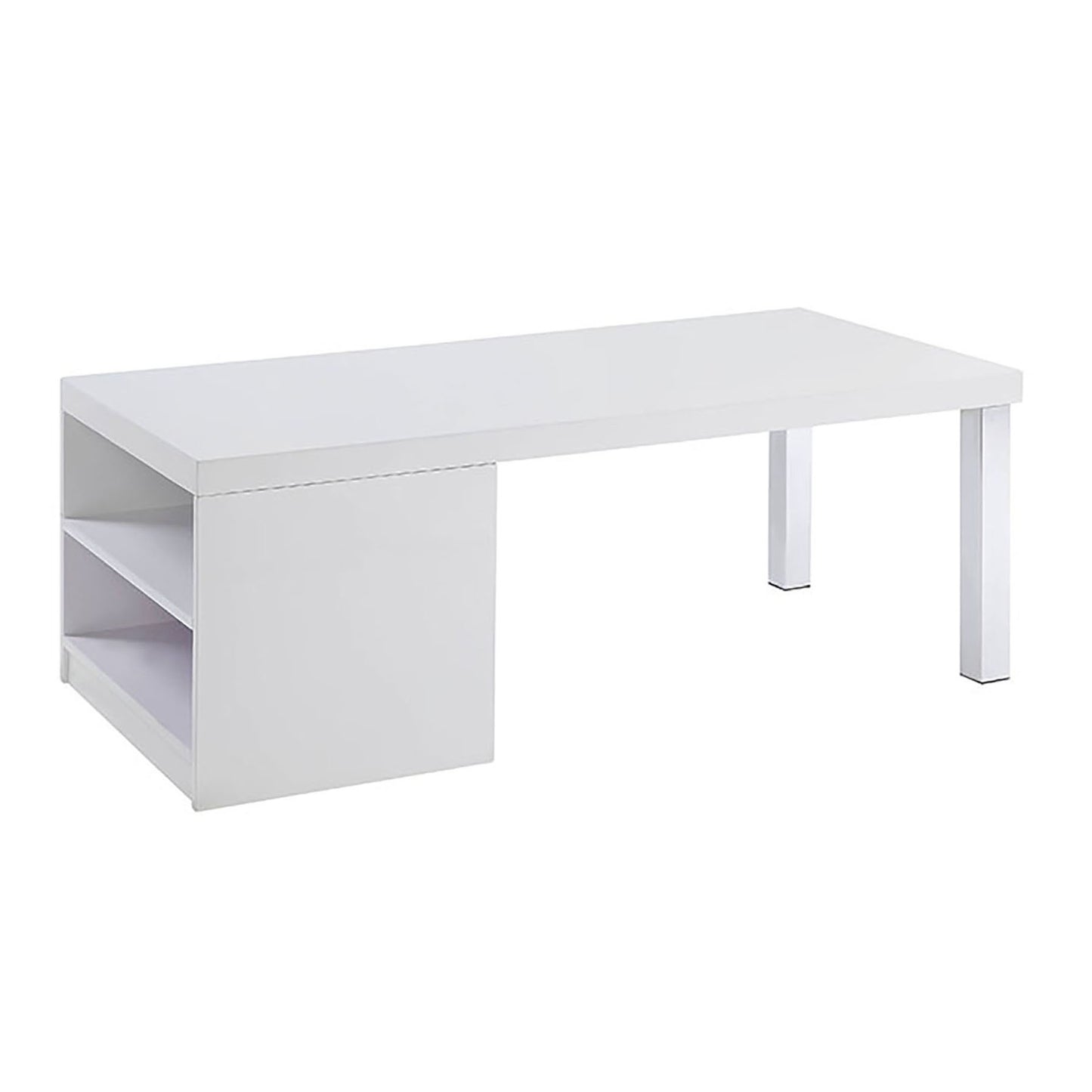 Modern white desk with two open shelves on the left and sleek metal legs