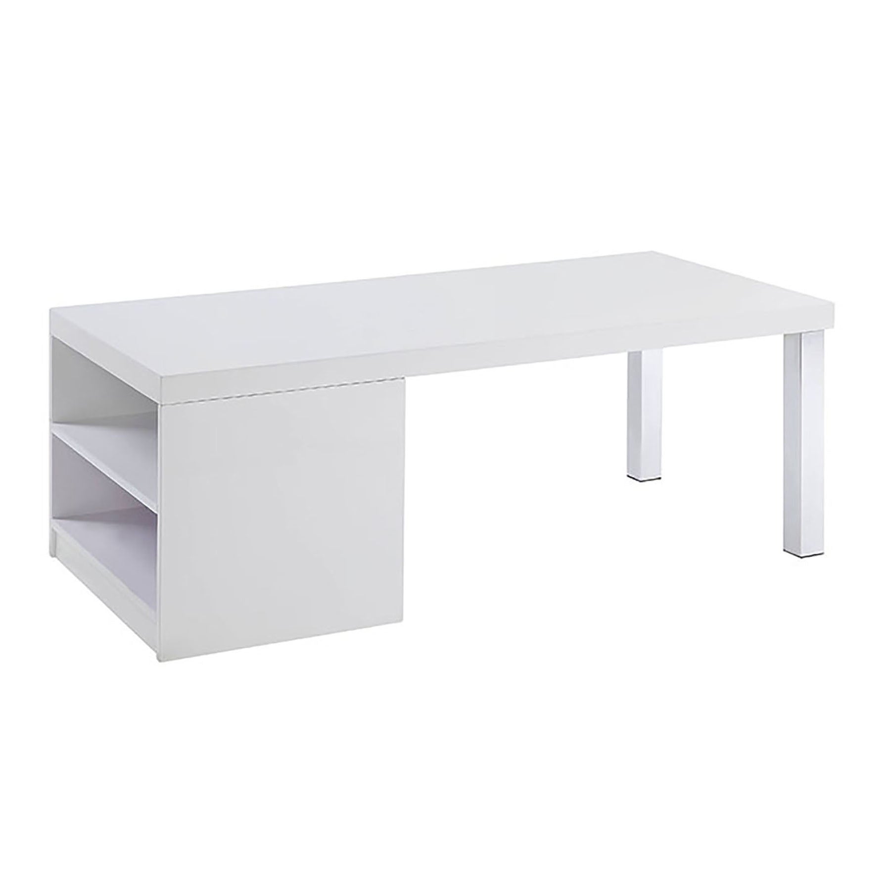 Modern white desk with two open shelves on the left and sleek metal legs