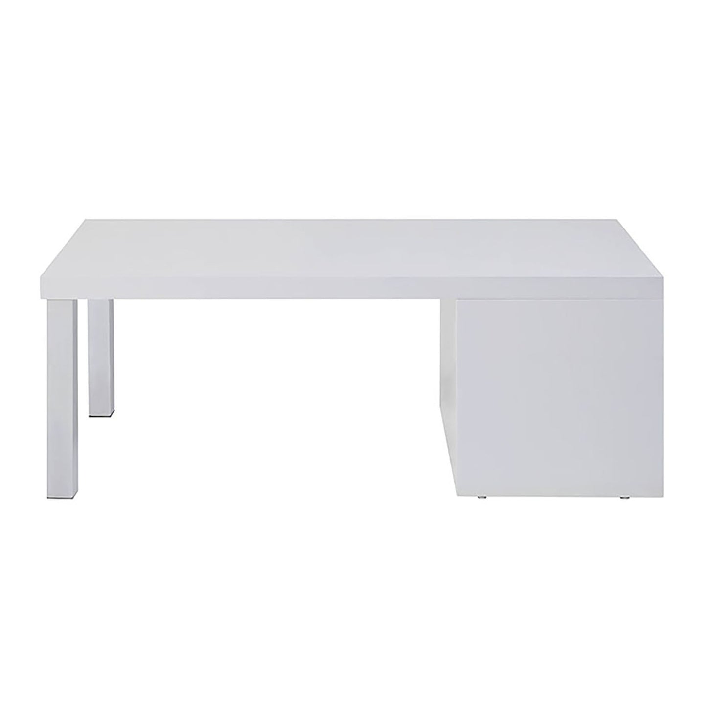 Sleek white modern coffee table with integrated storage cube and silver legs