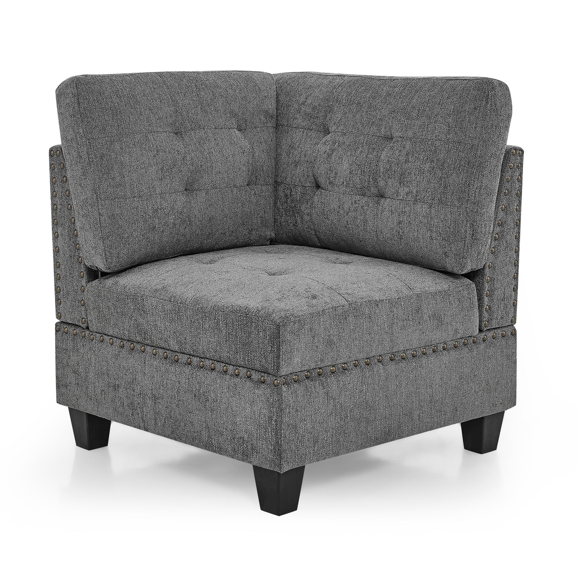 Tufted grey fabric corner chair with antique brass nailhead trim and dark wood legs