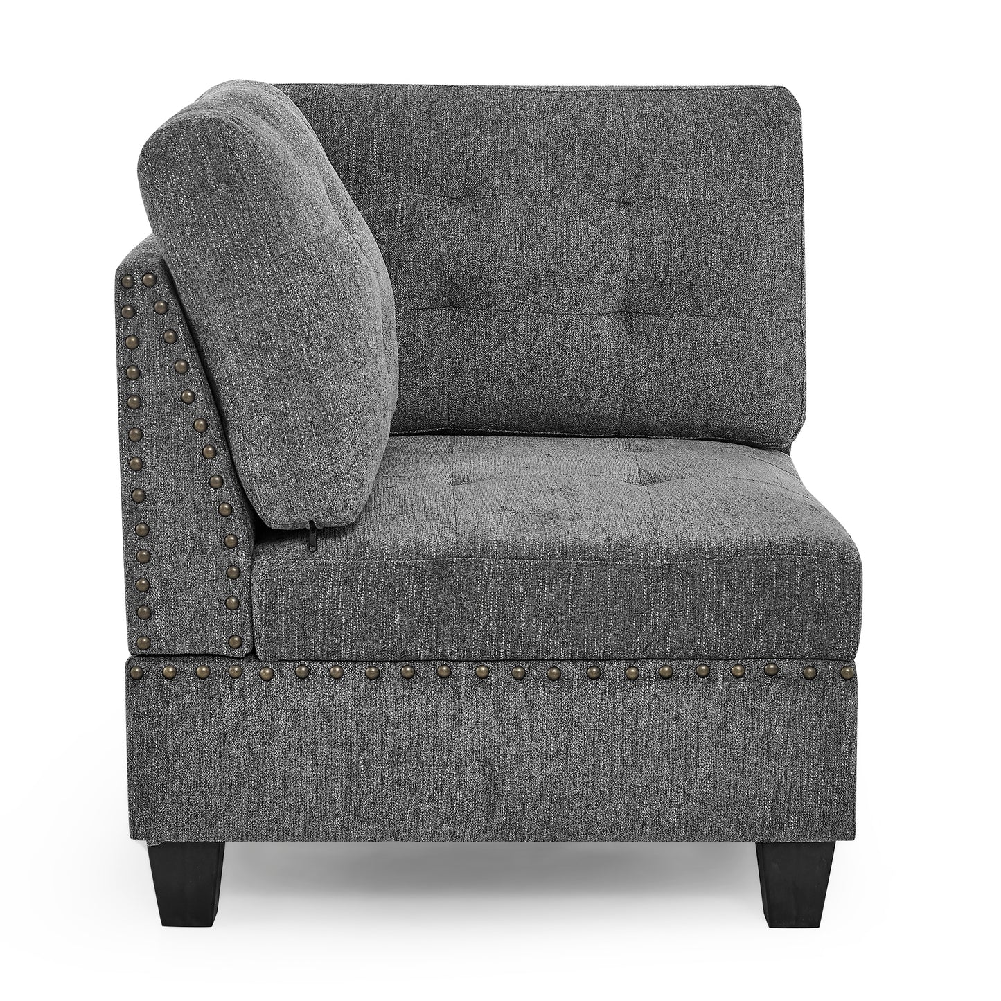 Grey fabric armless chair with studded trim and tufted back cushion