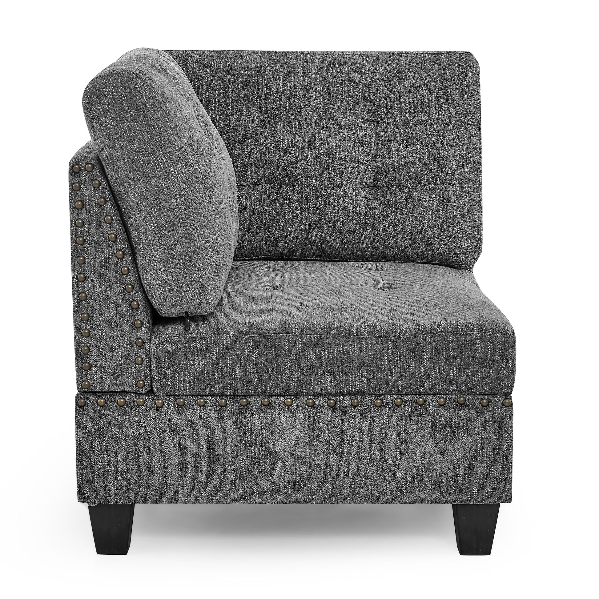 Grey fabric armless chair with studded trim and tufted back cushion