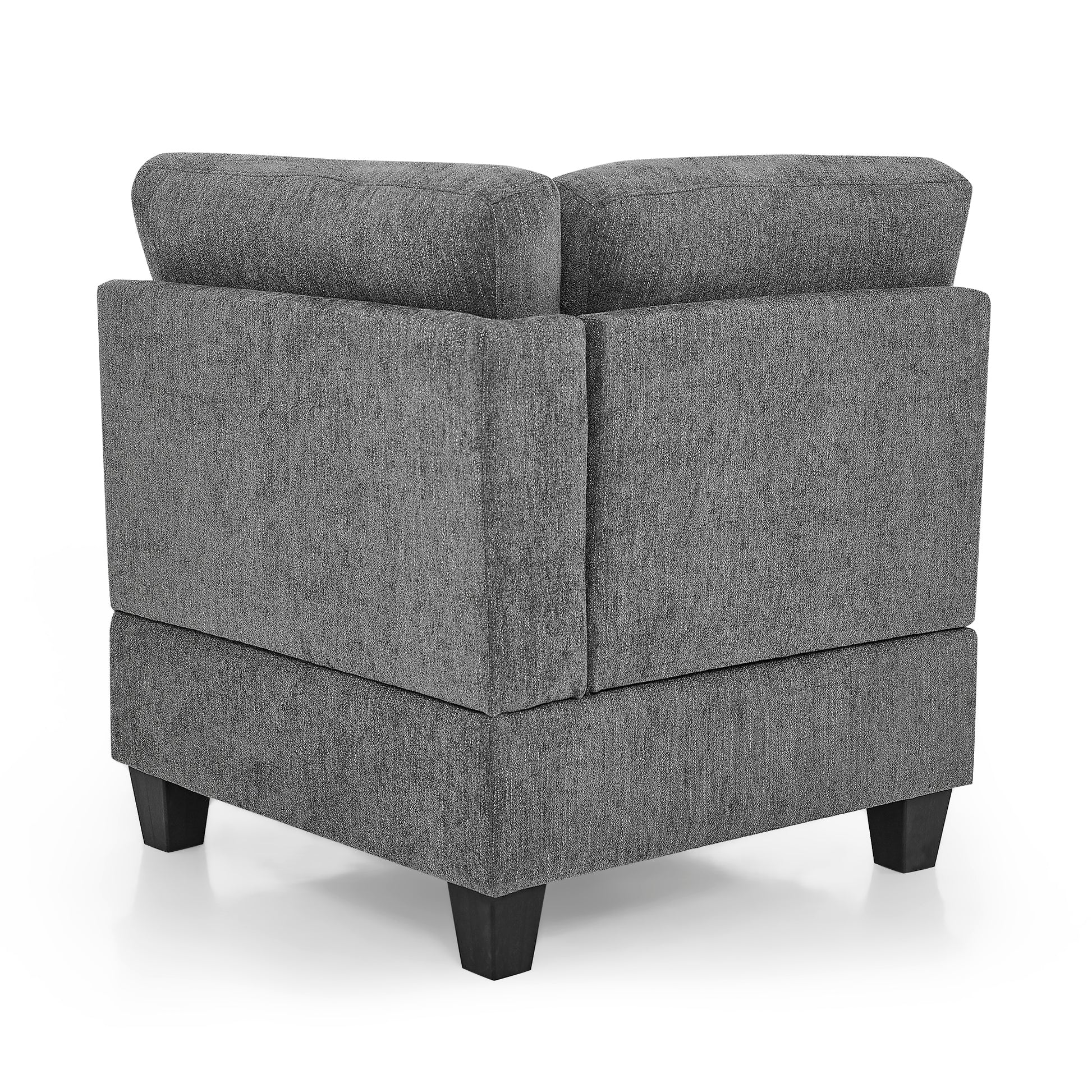 Grey fabric sectional sofa corner piece with clean lines and black wooden legs