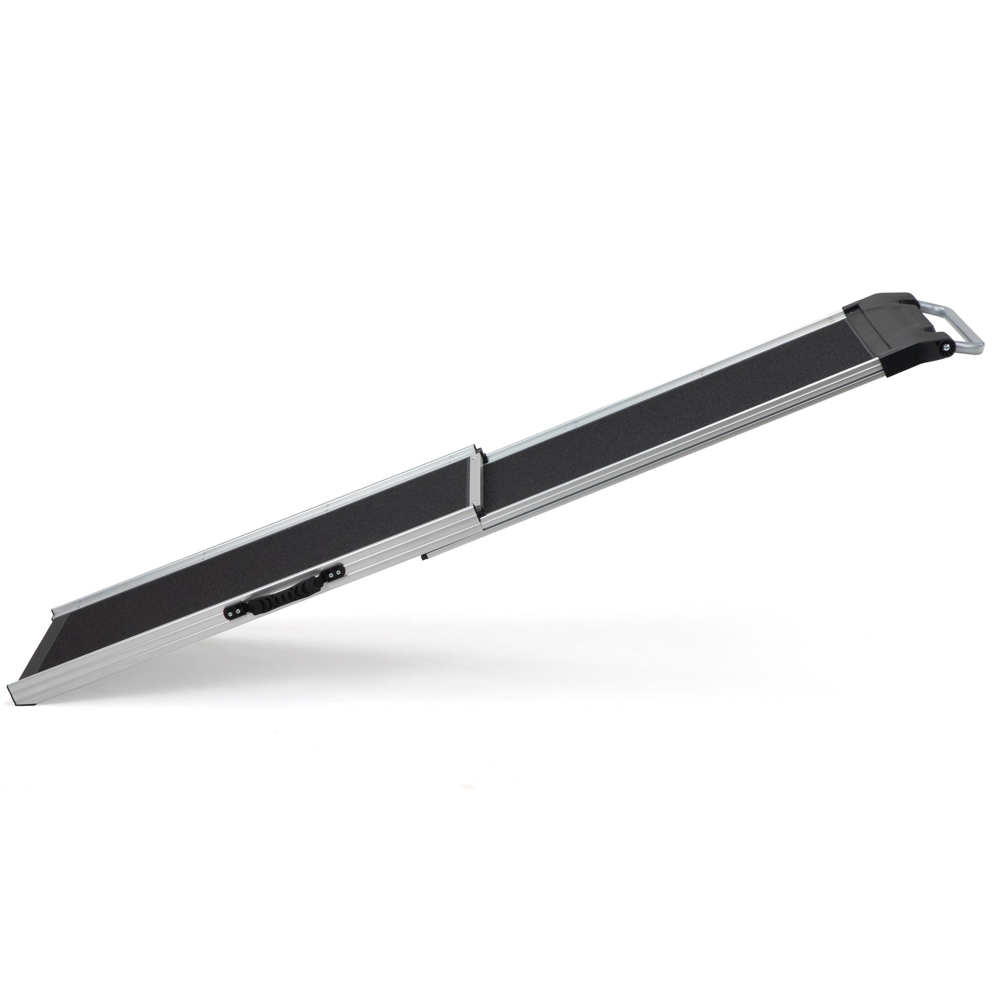 Silver portable ramp with black grip surface and adjustable height settings for accessibility