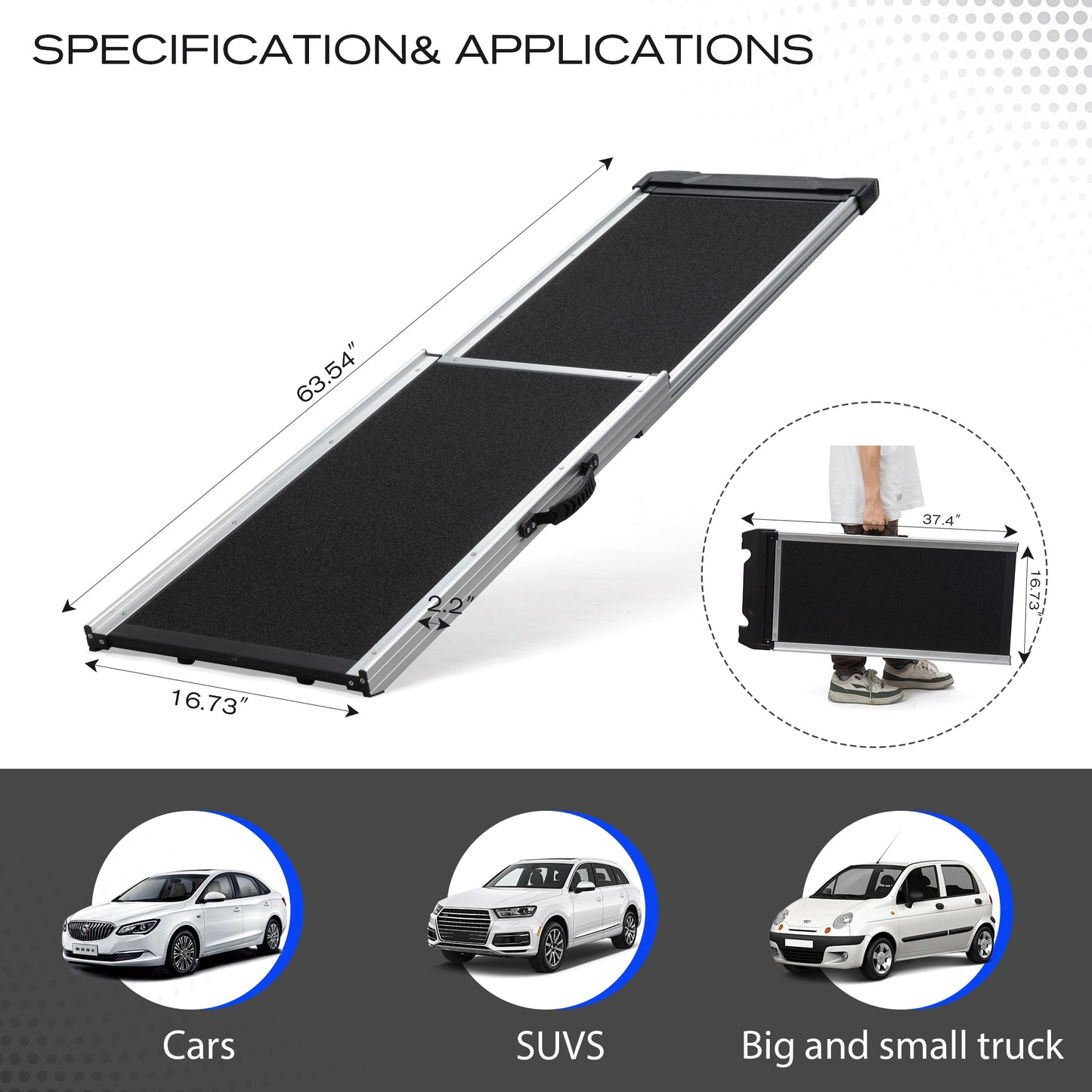 Foldable aluminum pet ramp with black antislip surface for cars