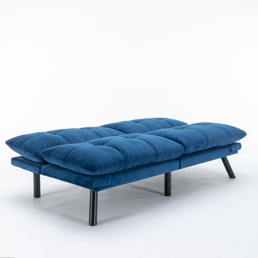 Navy blue velvet futon sofa with tufted cushions and black metal legs
