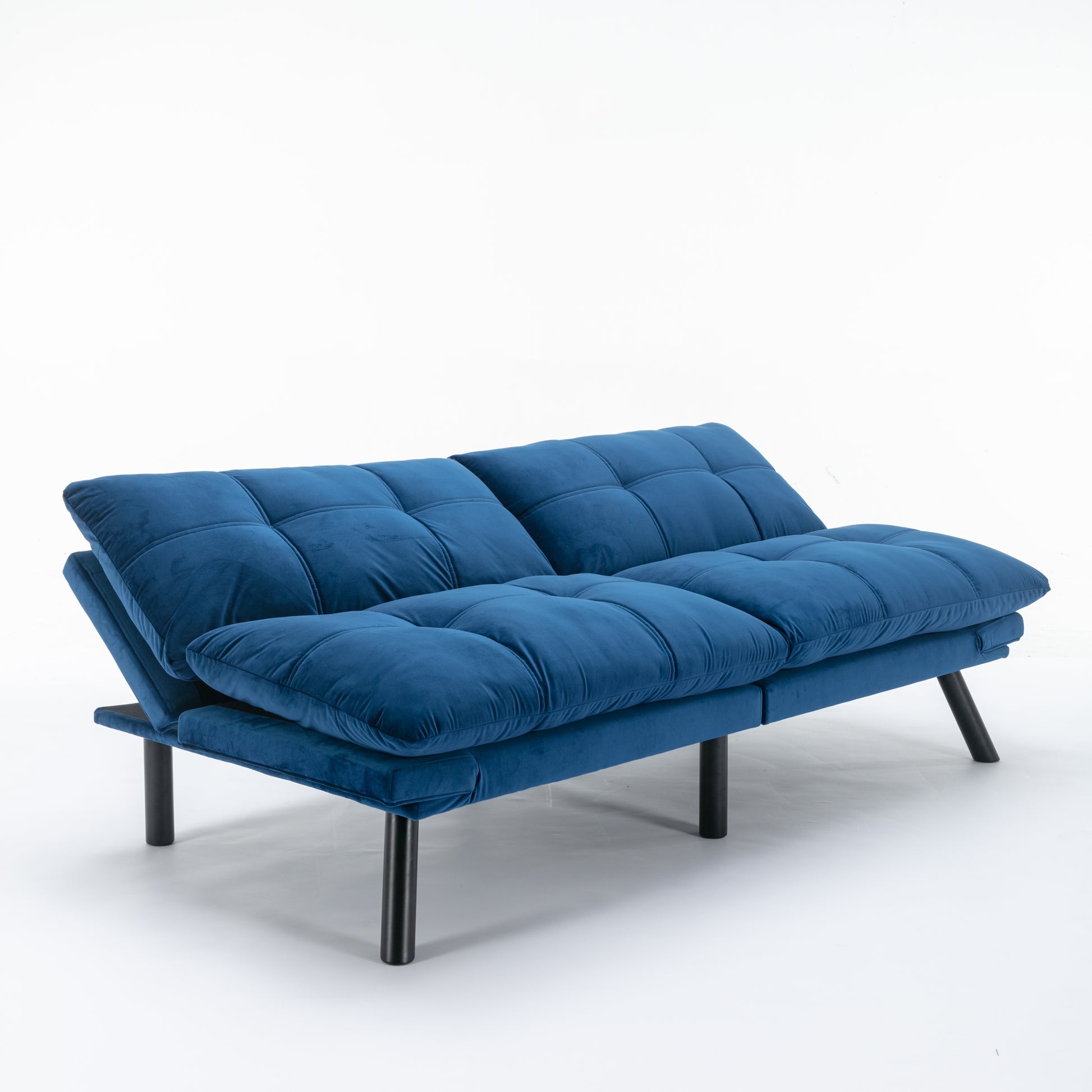 Plush velvet blue sofa with tufted cushions and black legs perfect for modern living rooms
