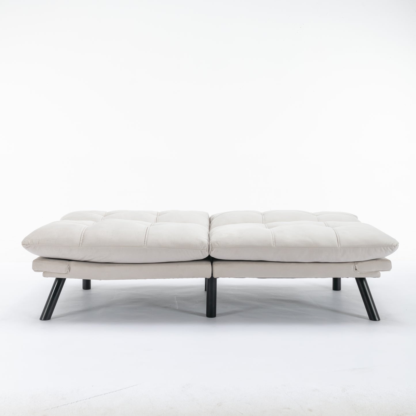 Tufted light gray velvet futon sofa with modern black metal legs