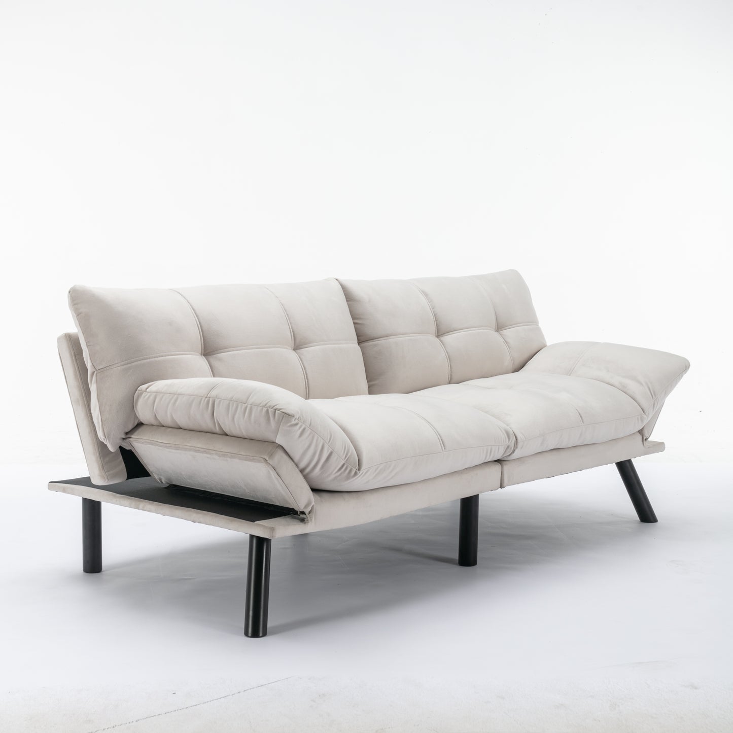 Light beige tufted sofa bed with black metal legs modern design for small spaces