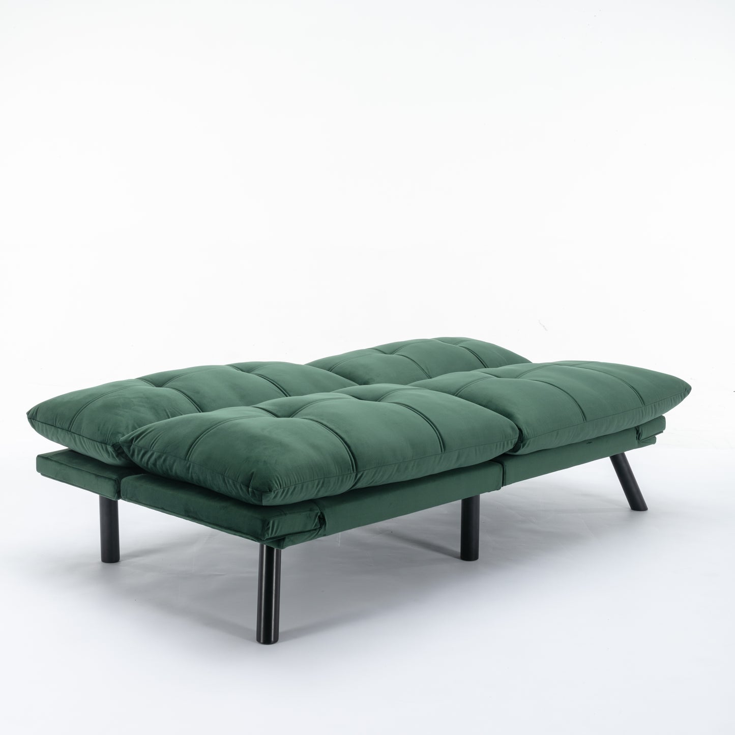 Tufted emerald green velvet futon sofa bed with black legs convertible seating option