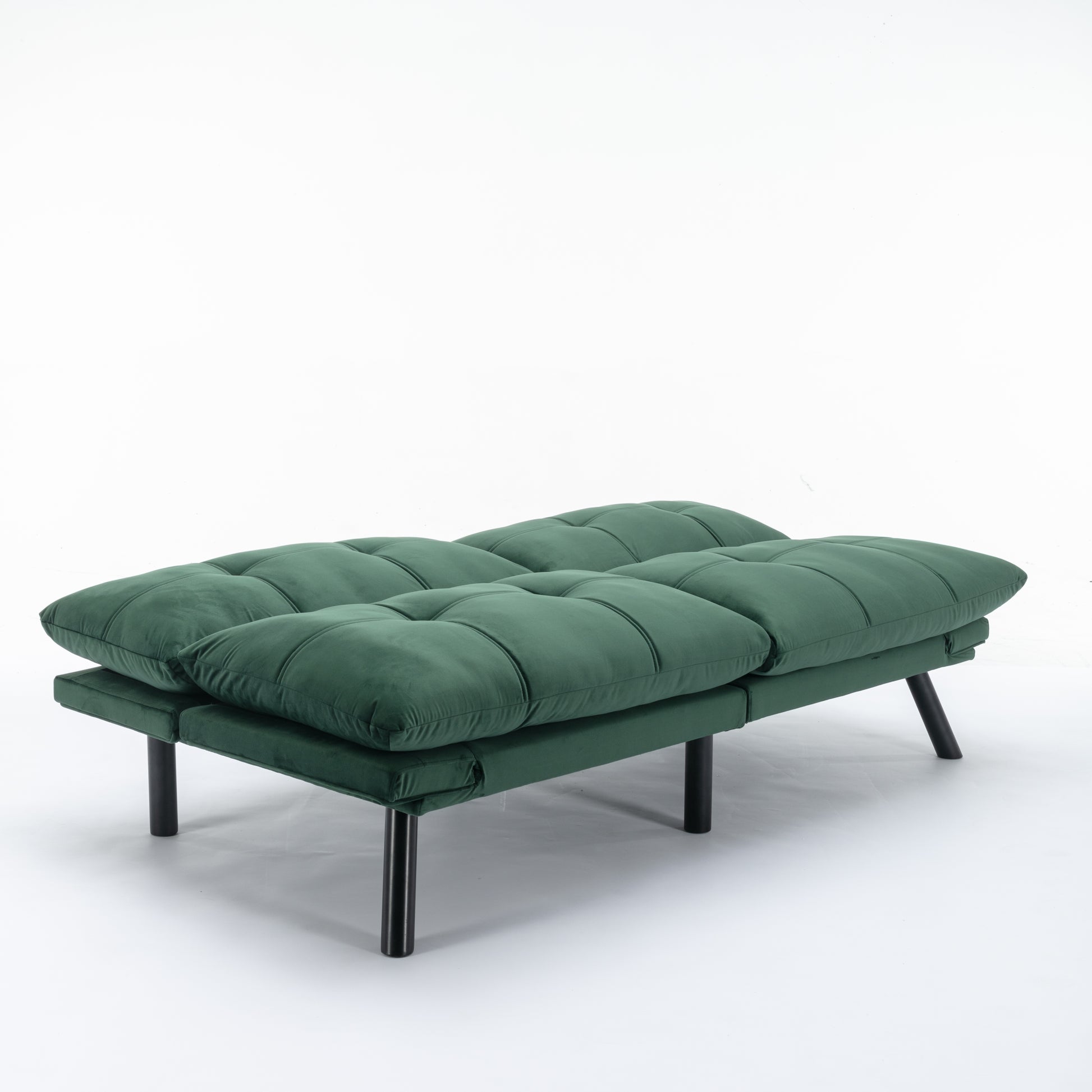 Tufted emerald green velvet futon sofa bed with black legs convertible seating option