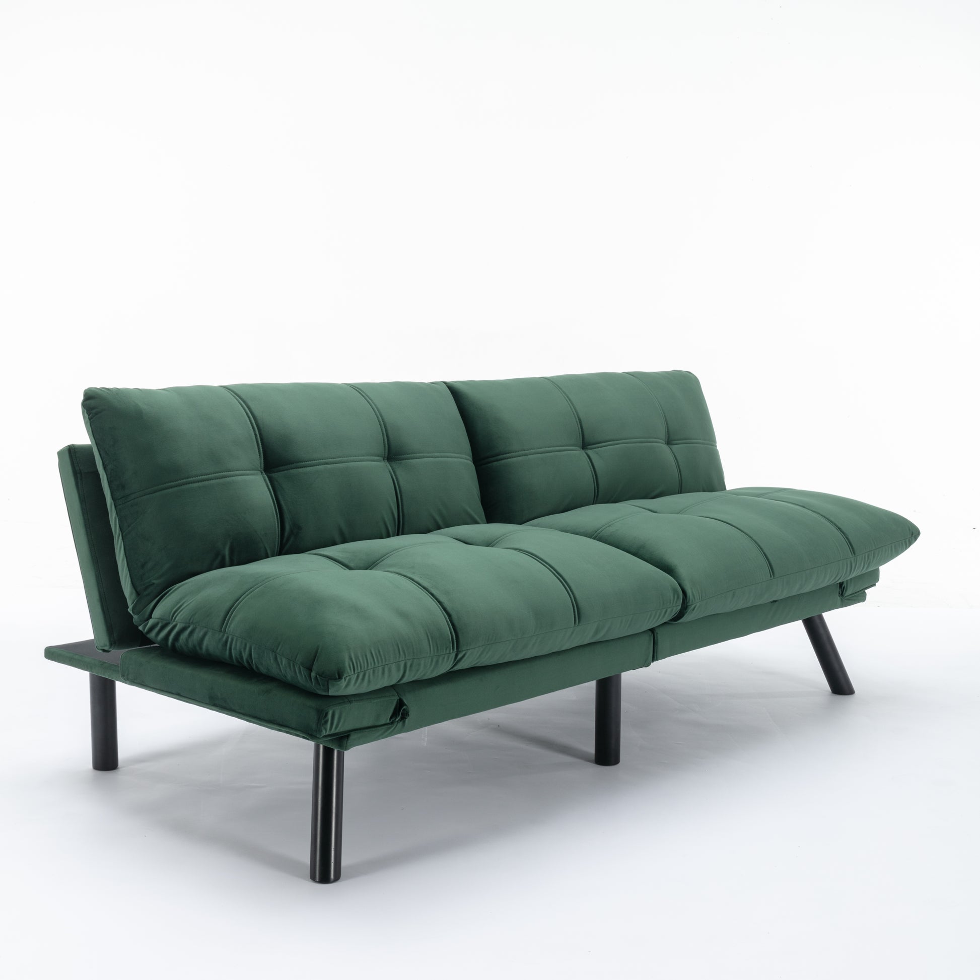 Deep green velvet tufted sofa bed with black metal legs modern design