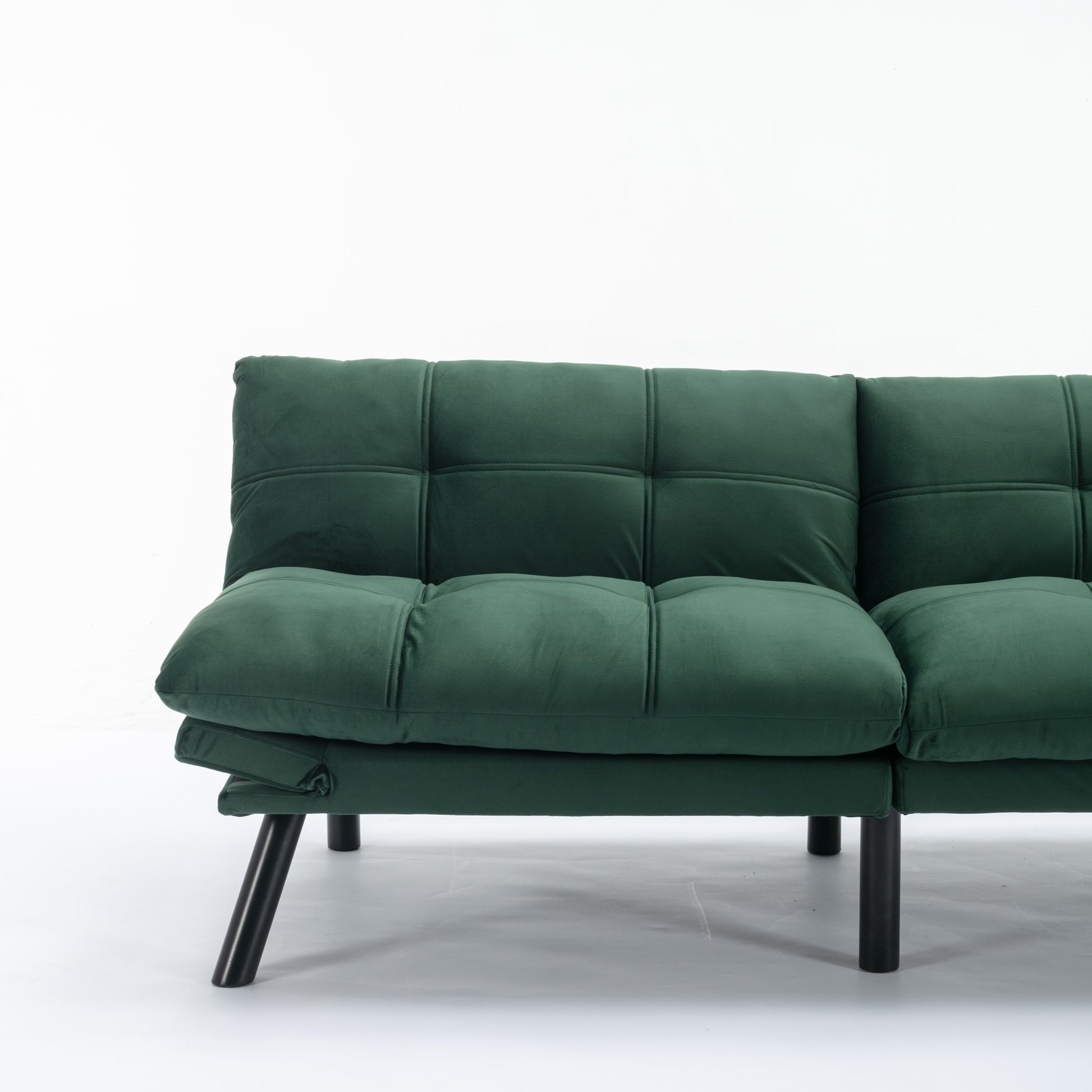 Dark green velvet tufted futon sofa with black metal legs modern design for living rooms
