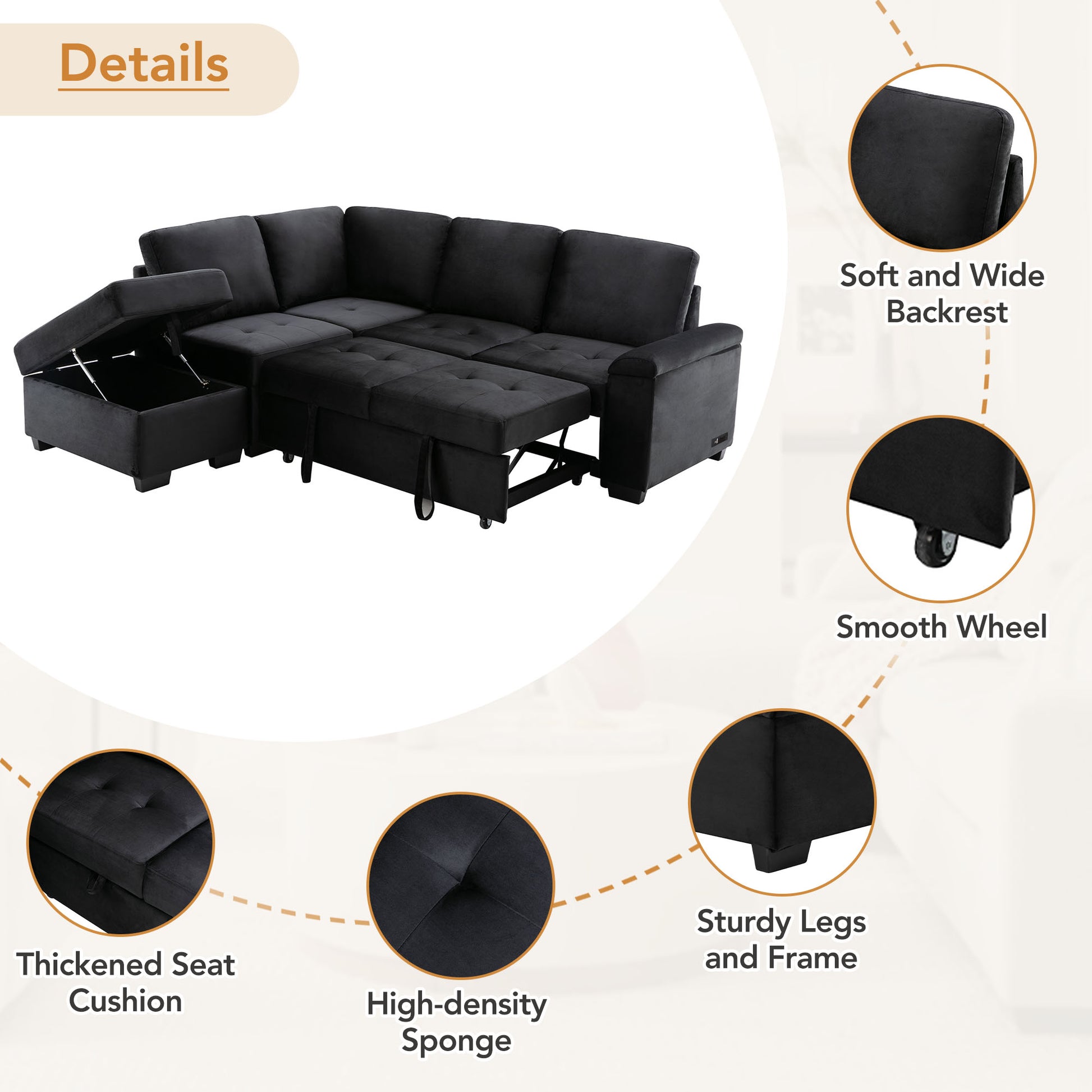 Black sectional sofa with storage chaise and pullout bed velvet upholstery