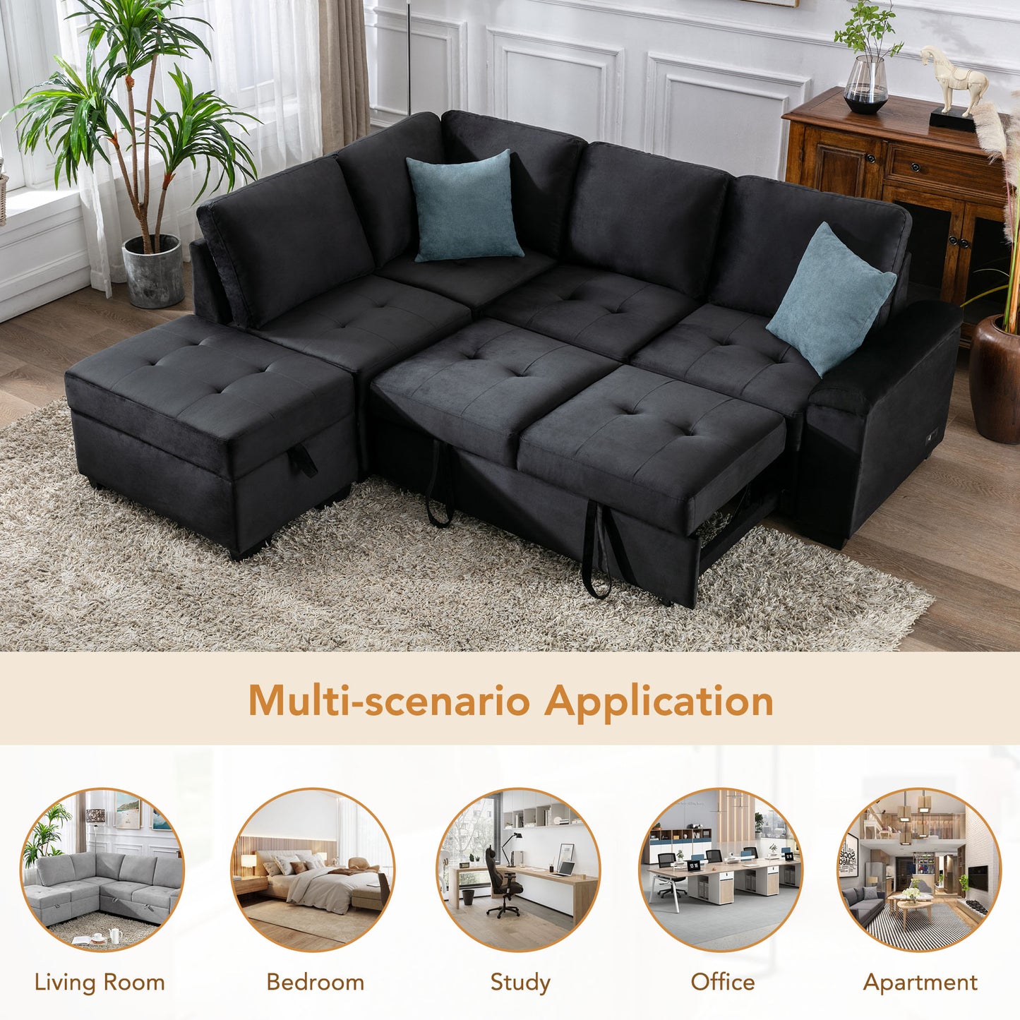 Dark gray velvet sectional sofa with tufted cushions and pullout bed function