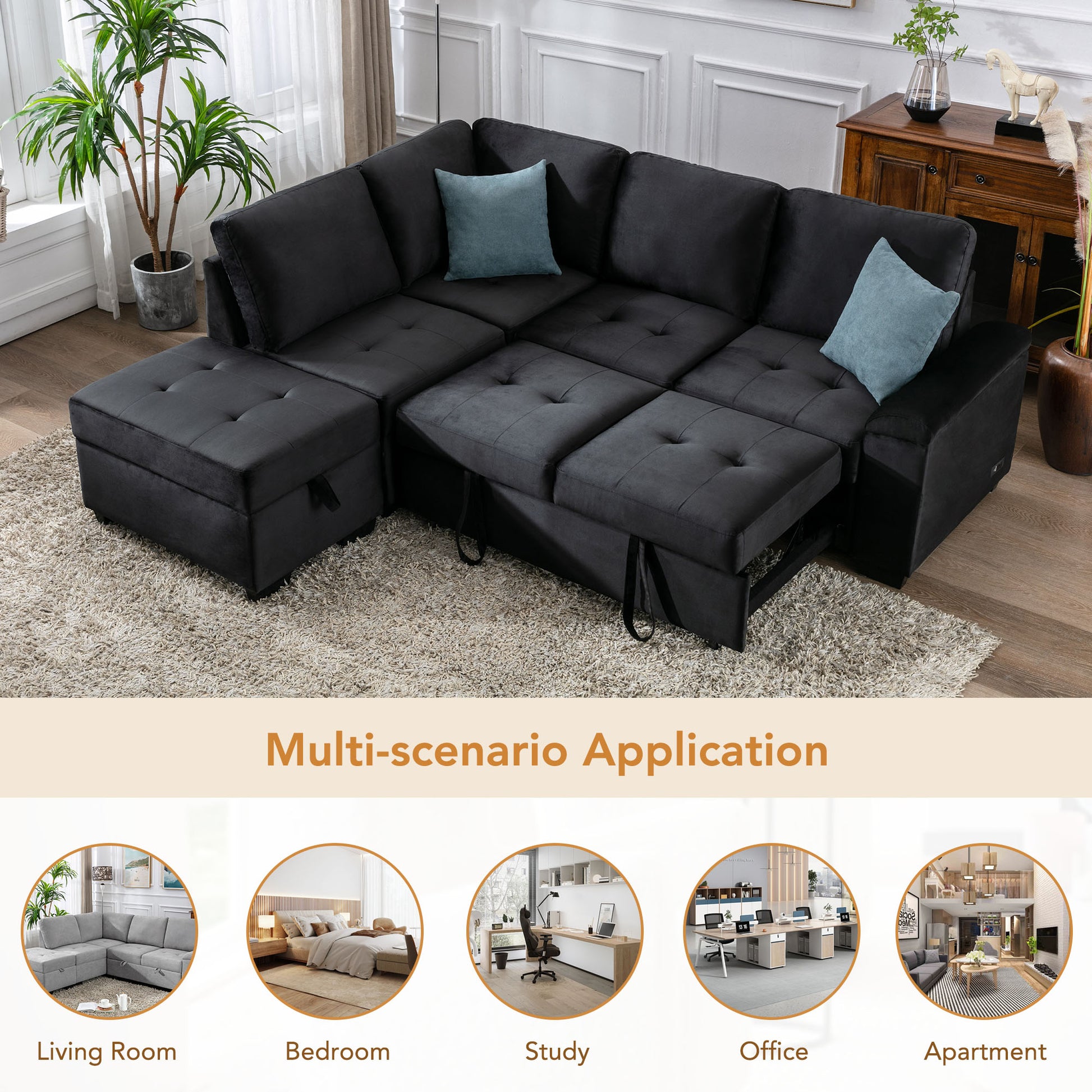 Dark gray velvet sectional sofa with tufted cushions and pullout bed function