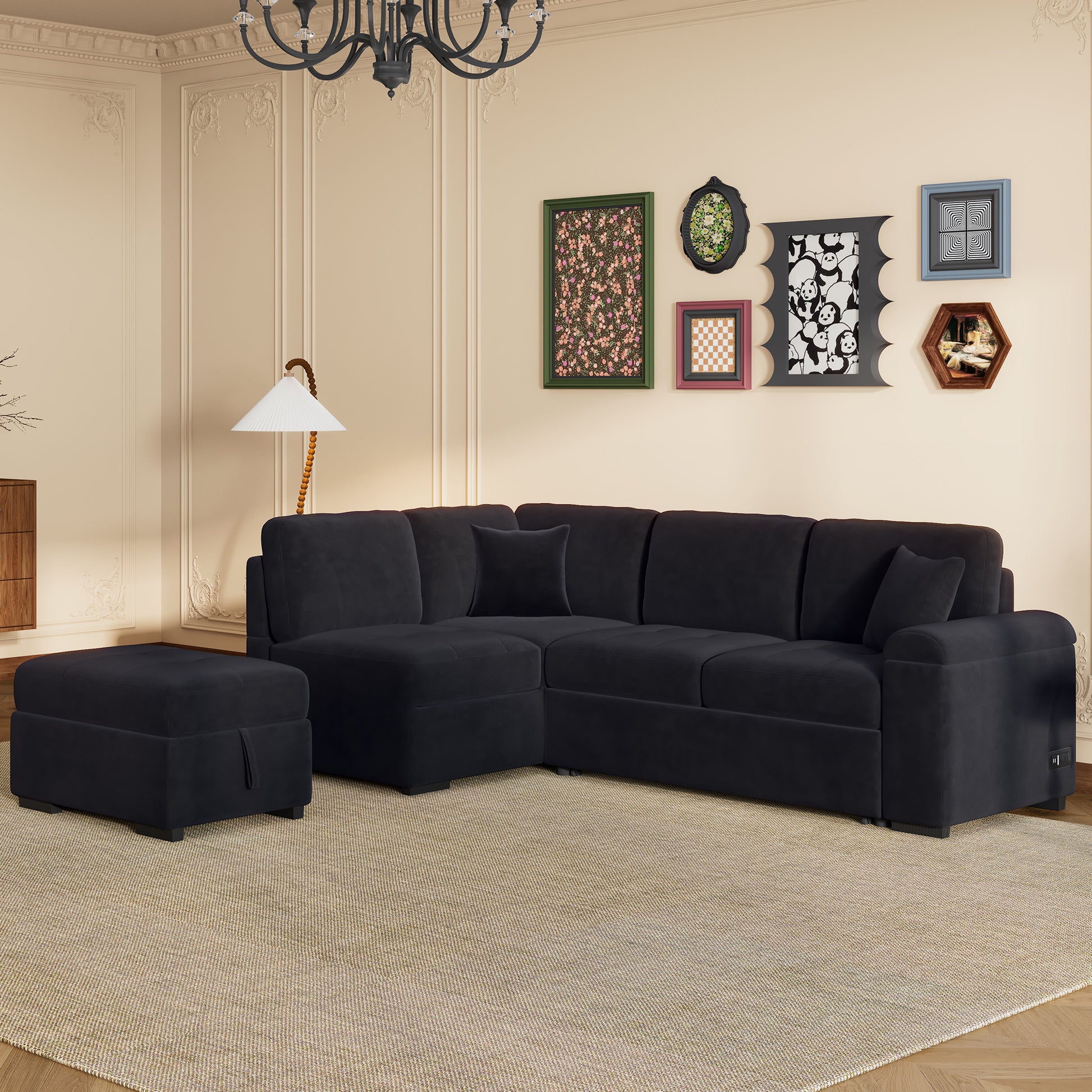Black velvet sectional sofa with matching ottoman for a modern living room