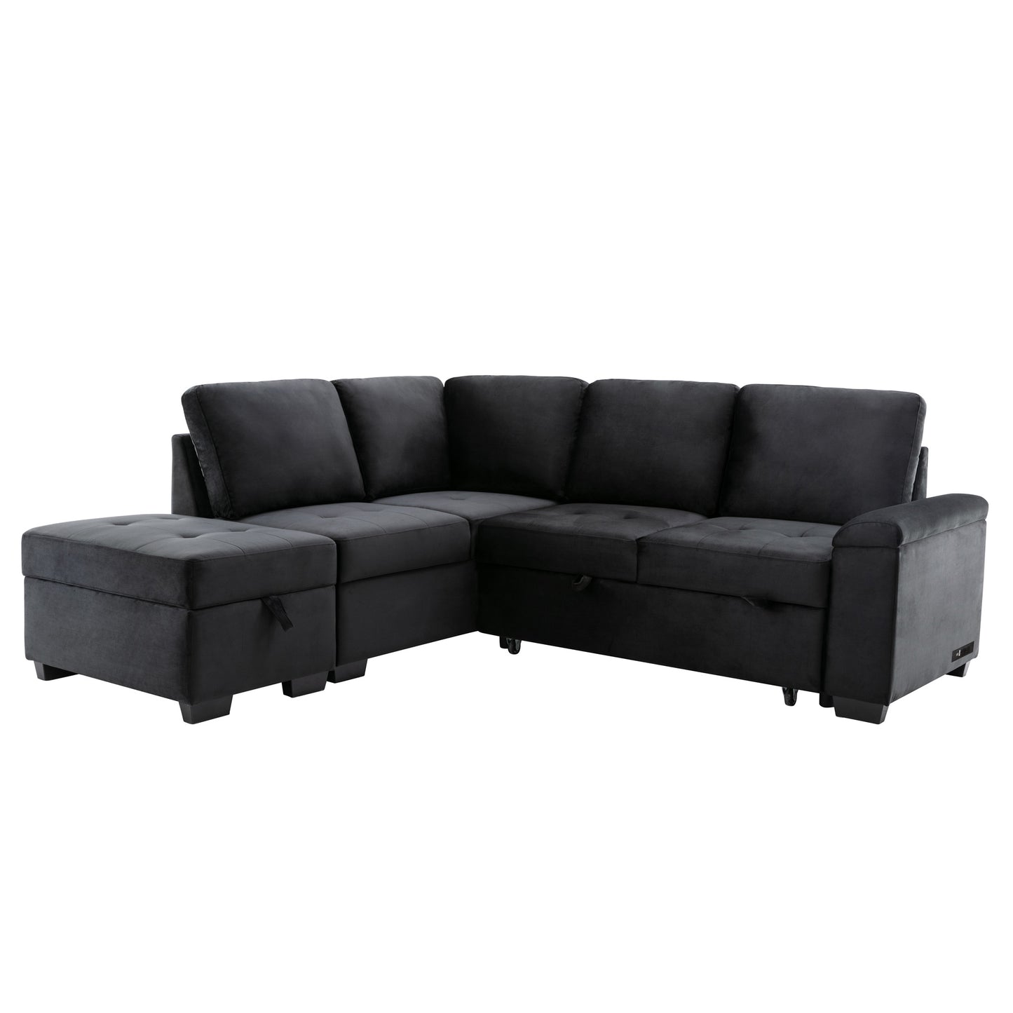 Black velvet sectional sofa with tufted ottoman and storage