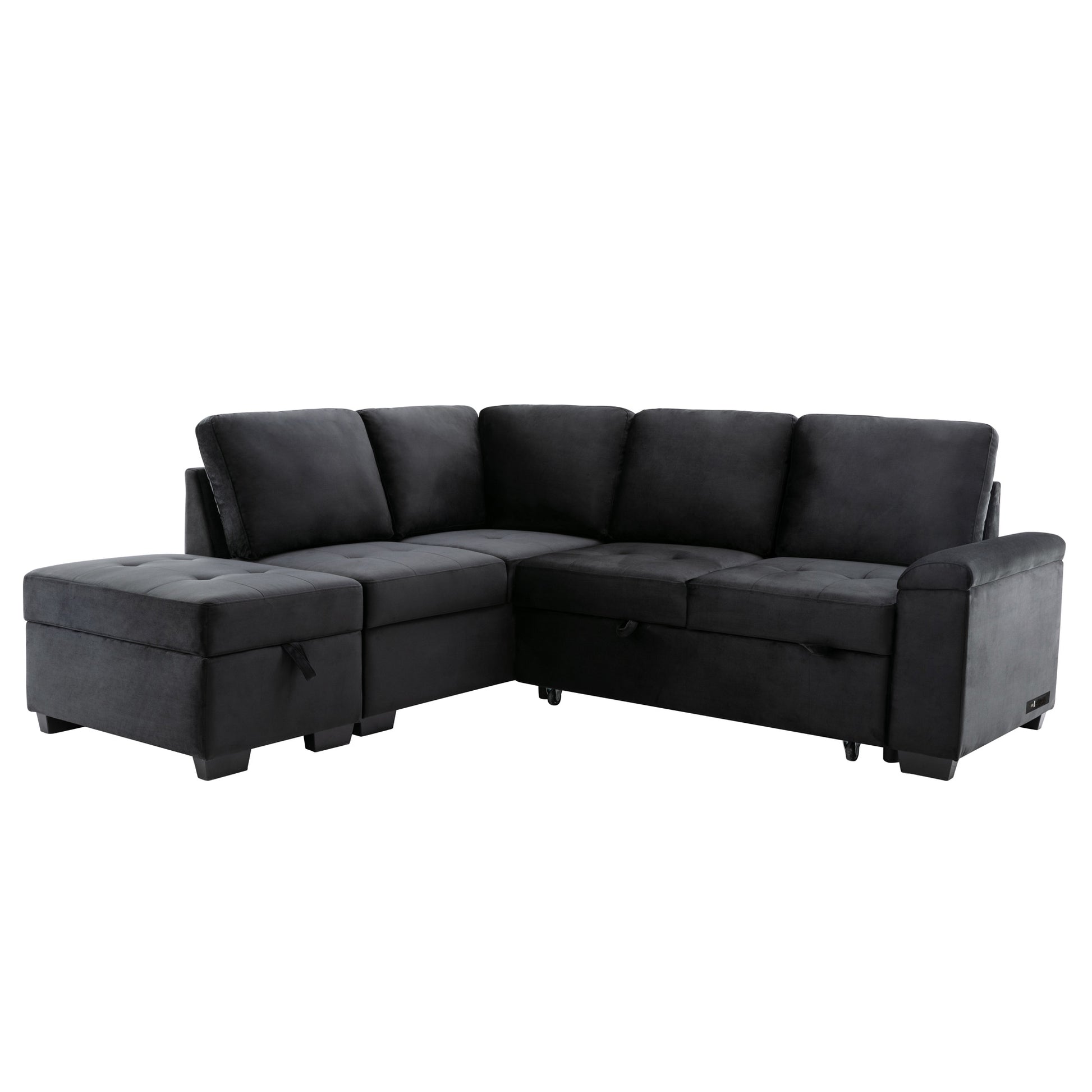 Black velvet sectional sofa with tufted ottoman and storage
