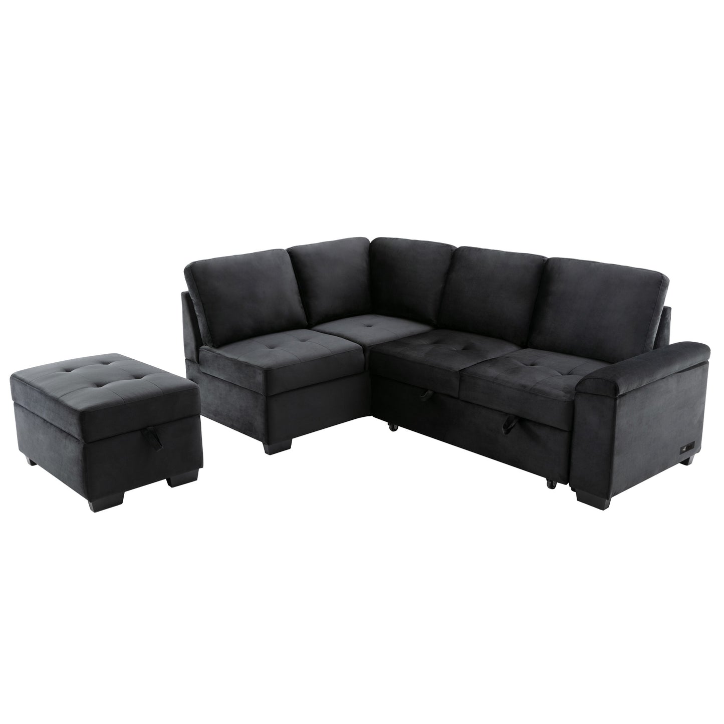 Dark grey velvet sectional sofa with storage ottoman