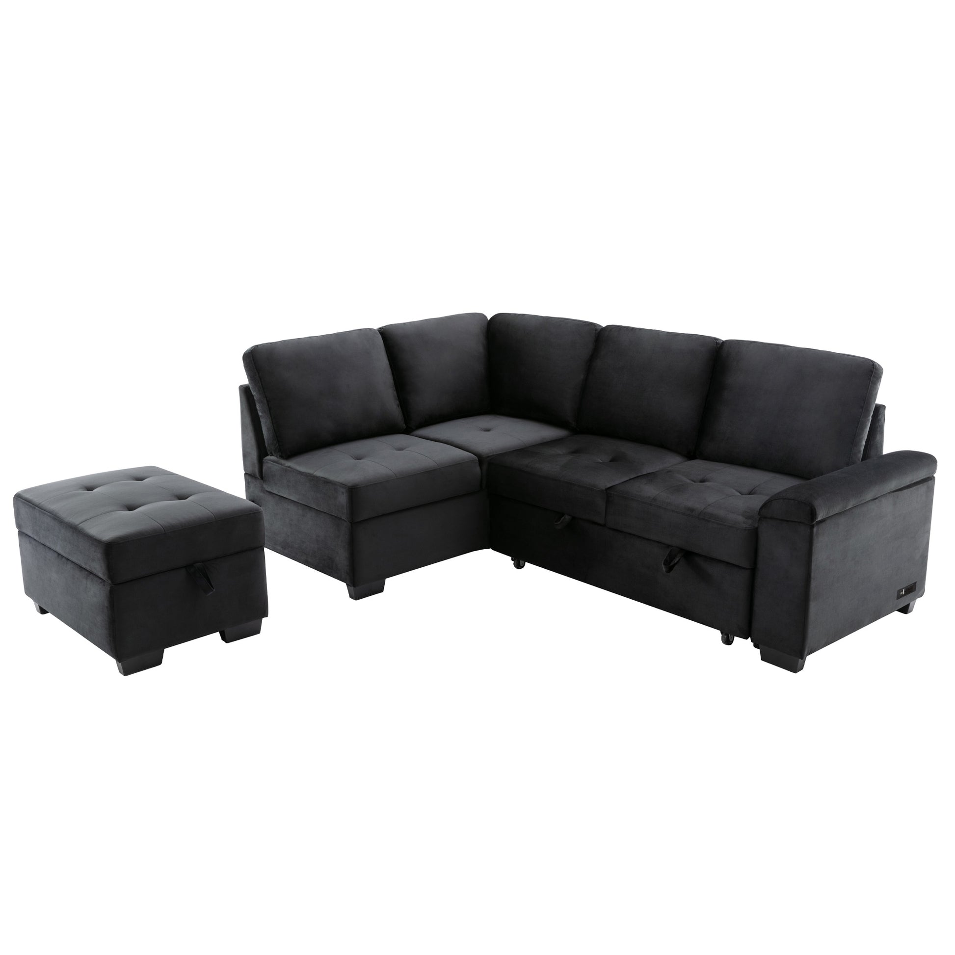Dark grey velvet sectional sofa with storage ottoman