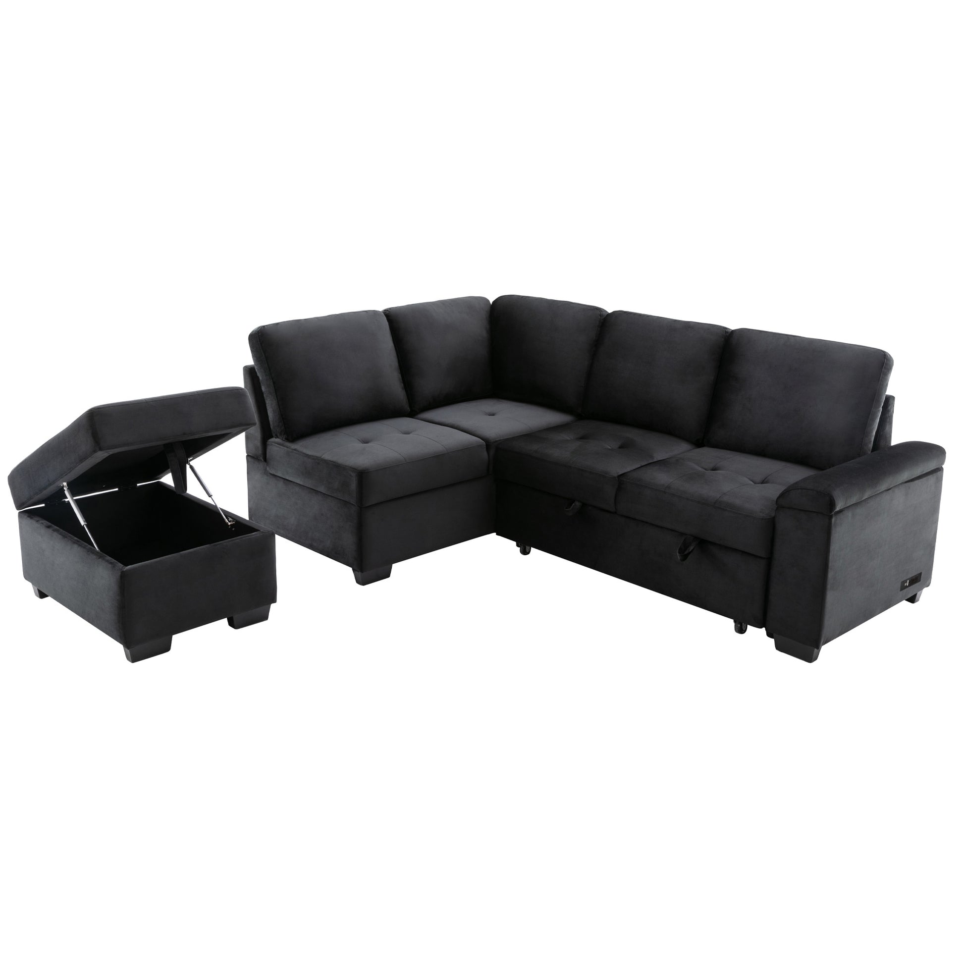 Black velvet sectional sofa with storage ottoman contemporary style for living room comfort