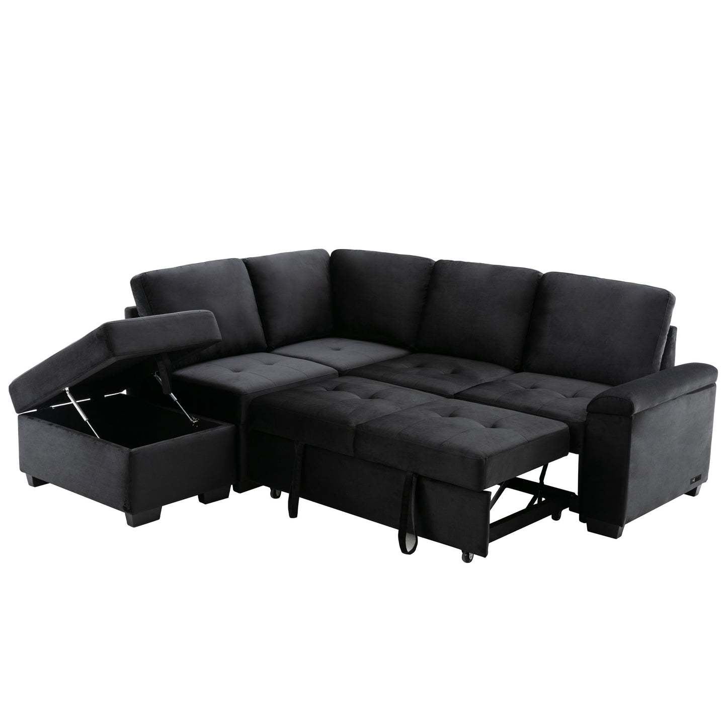 Black velvet sectional sofa with hidden storage ottoman and pullout bed