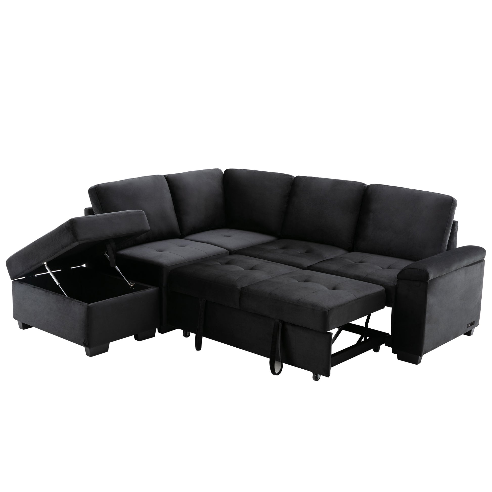 Black velvet sectional sofa with hidden storage ottoman and pullout bed