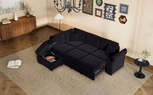 Black velvet sectional sofa with chaise and storage ottoman