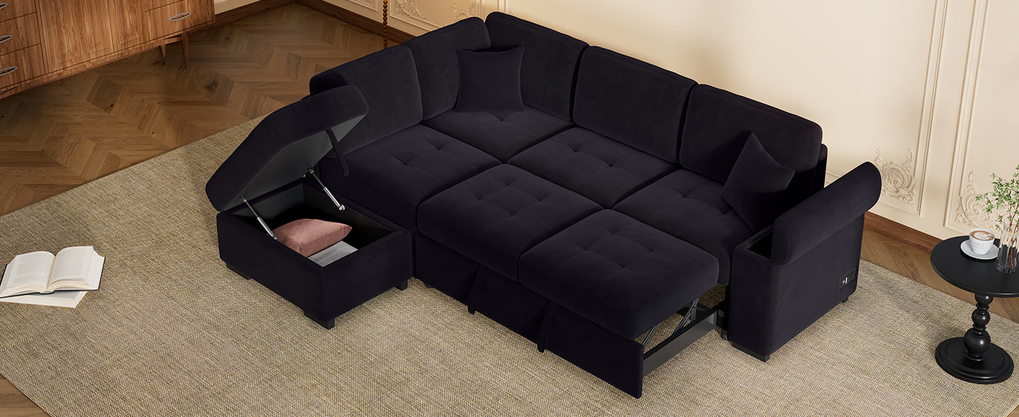 Plush black velvet sectional sofa with hidden storage compartments and tufted cushions