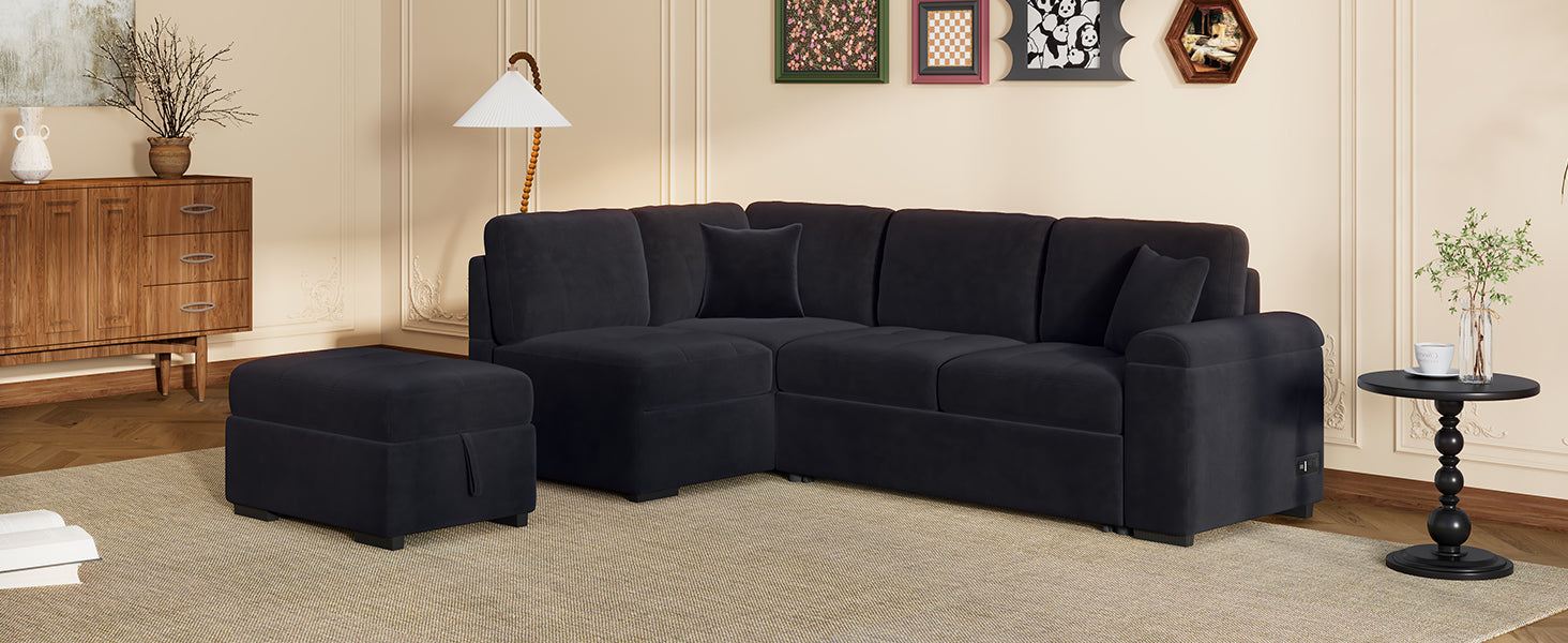 Plush dark charcoal velvet sectional sofa with matching storage ottoman perfect for modern living rooms