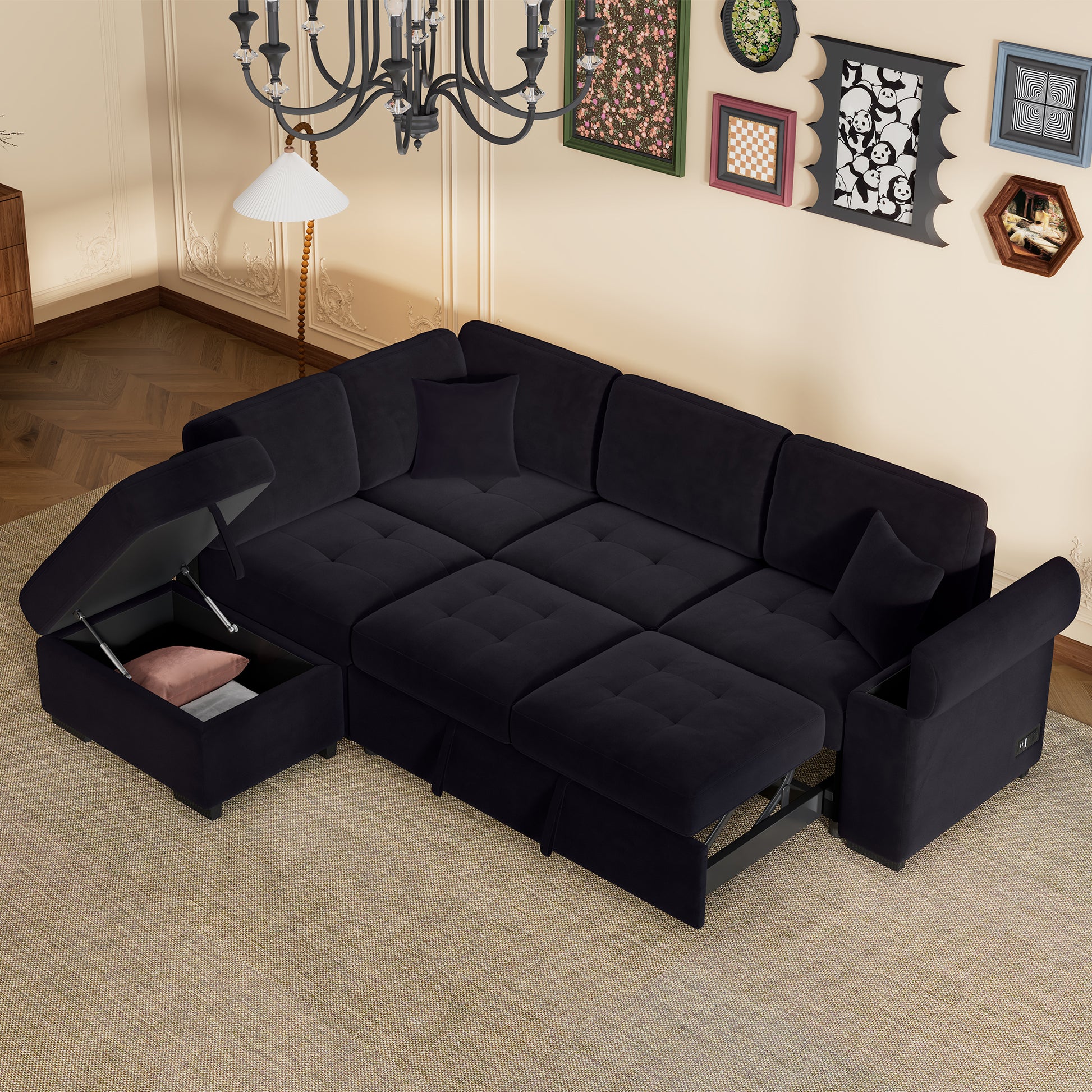 Black velvet sectional sofa with hidden storage and pullout bed modern living room furniture